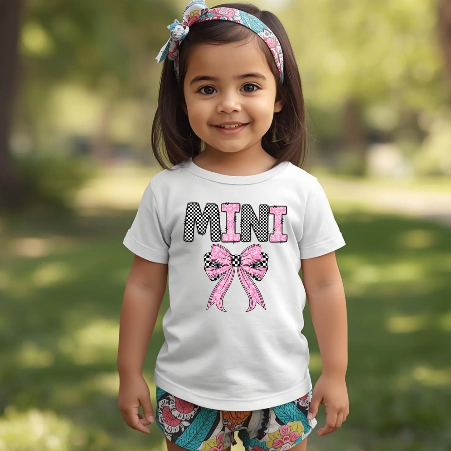 Toddler wearing Mini checkered bow shirt outdoors, matching mommy and me outfit for girls