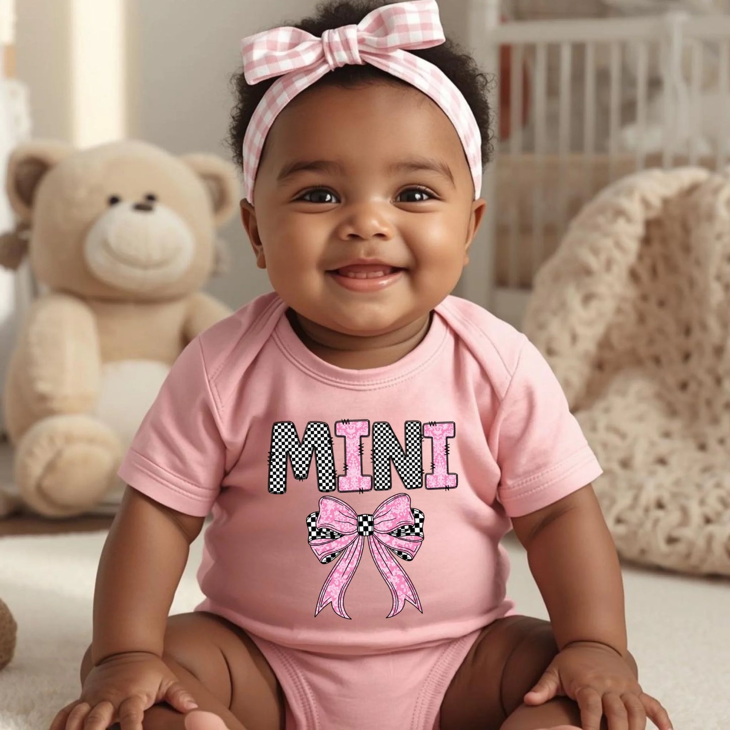 Baby wearing pink Mini bow onesie, cute mommy and me baby outfit for Mother’s Day