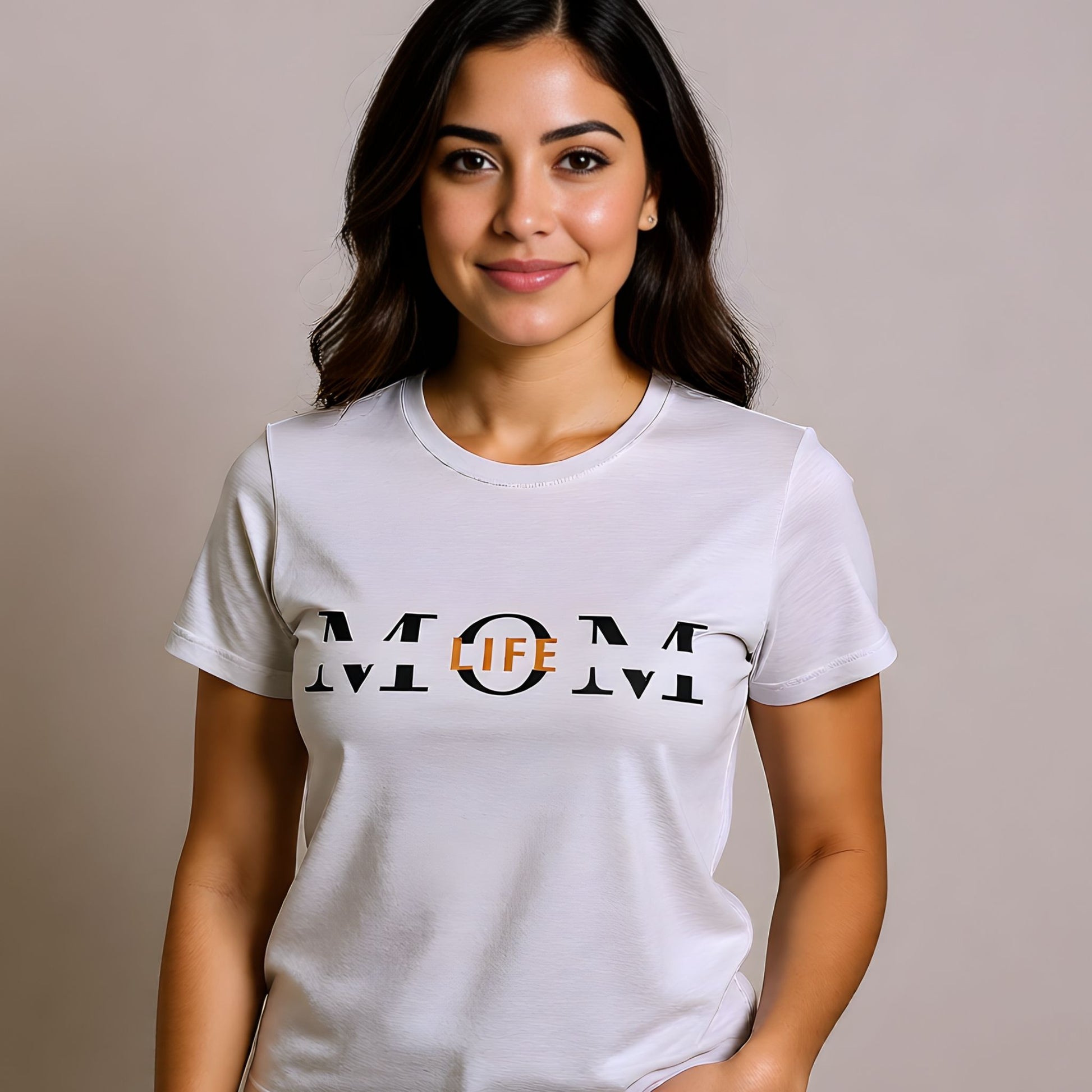 Model wearing a Solid Athletic Heather Mom Life t-shirt with clean minimalist lettering, styled for everyday casual wear.
