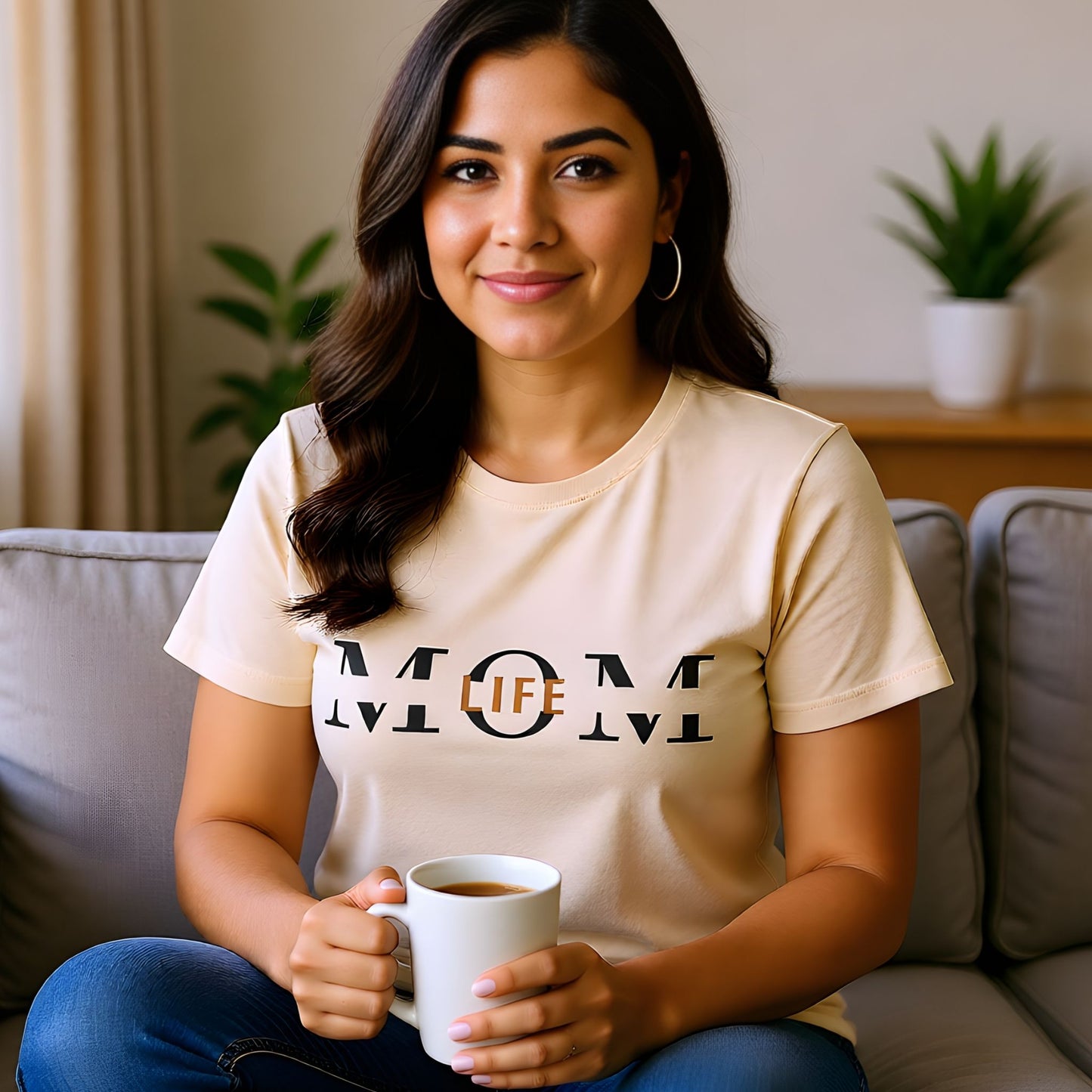 Lifestyle mockup of a mom wearing a neutral-toned Mom Life graphic tee, perfect for relaxed daily outfits.