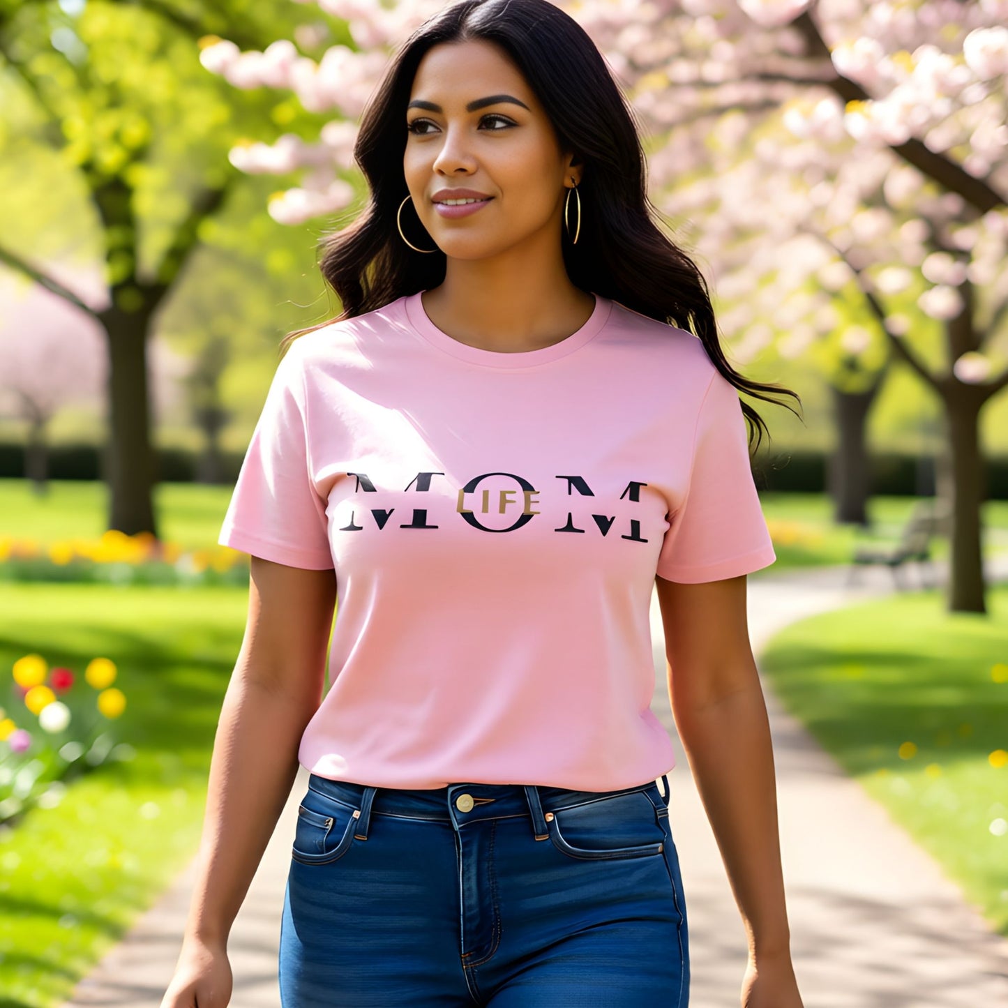 Model wearing a pink Mom Life t-shirt outdoors, highlighting a fun and casual mom lifestyle look.