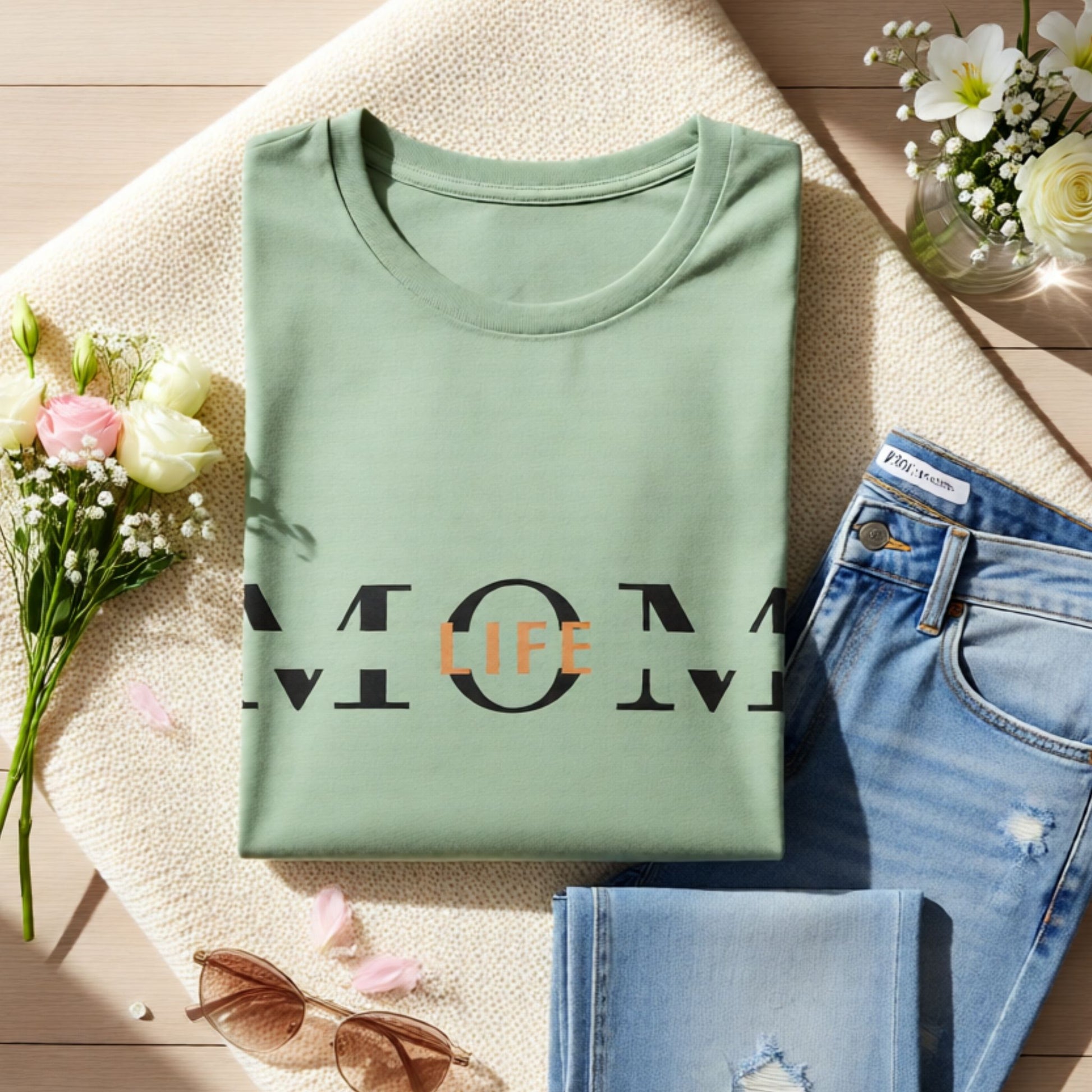 Folded sage green Mom Life t-shirt styled with soft textures, showcasing minimalist mom apparel.