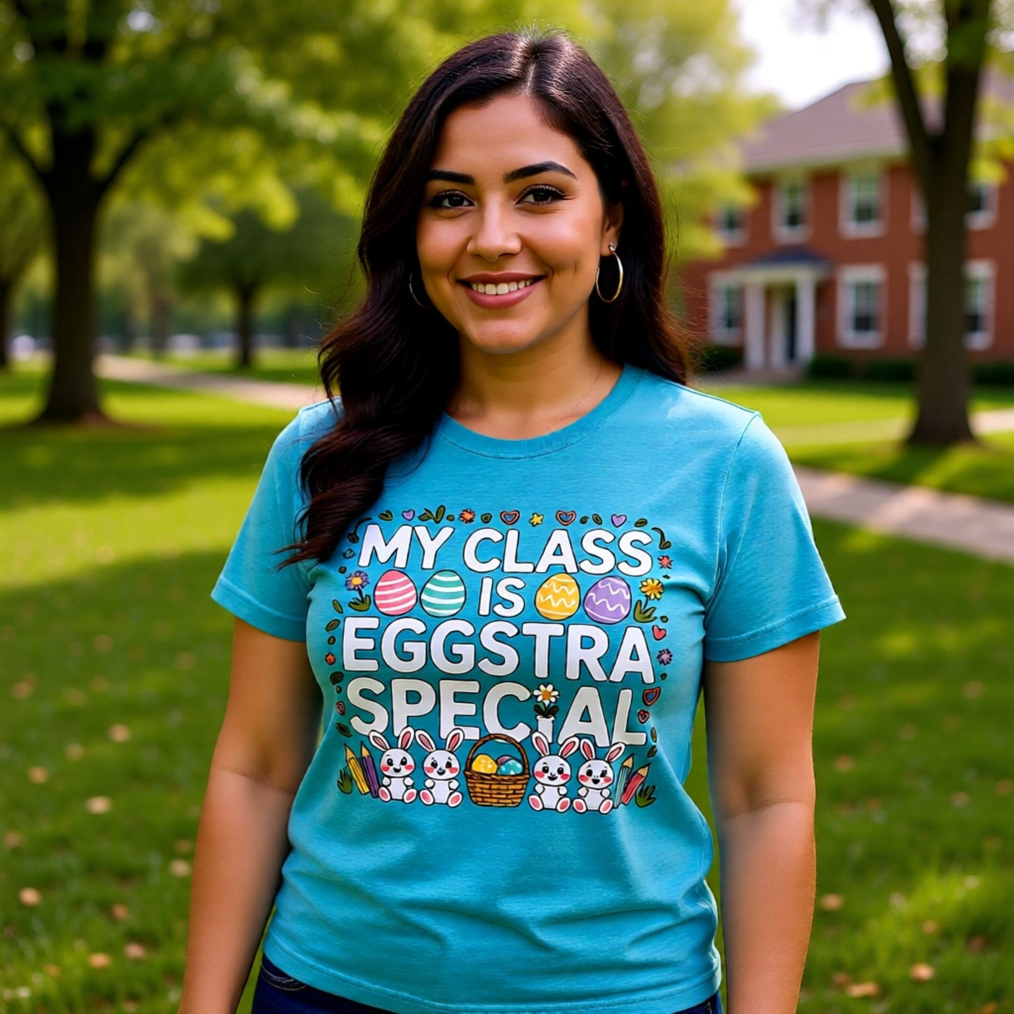Woman wearing a blue t-shirt with Easter-themed text and graphics in a park.