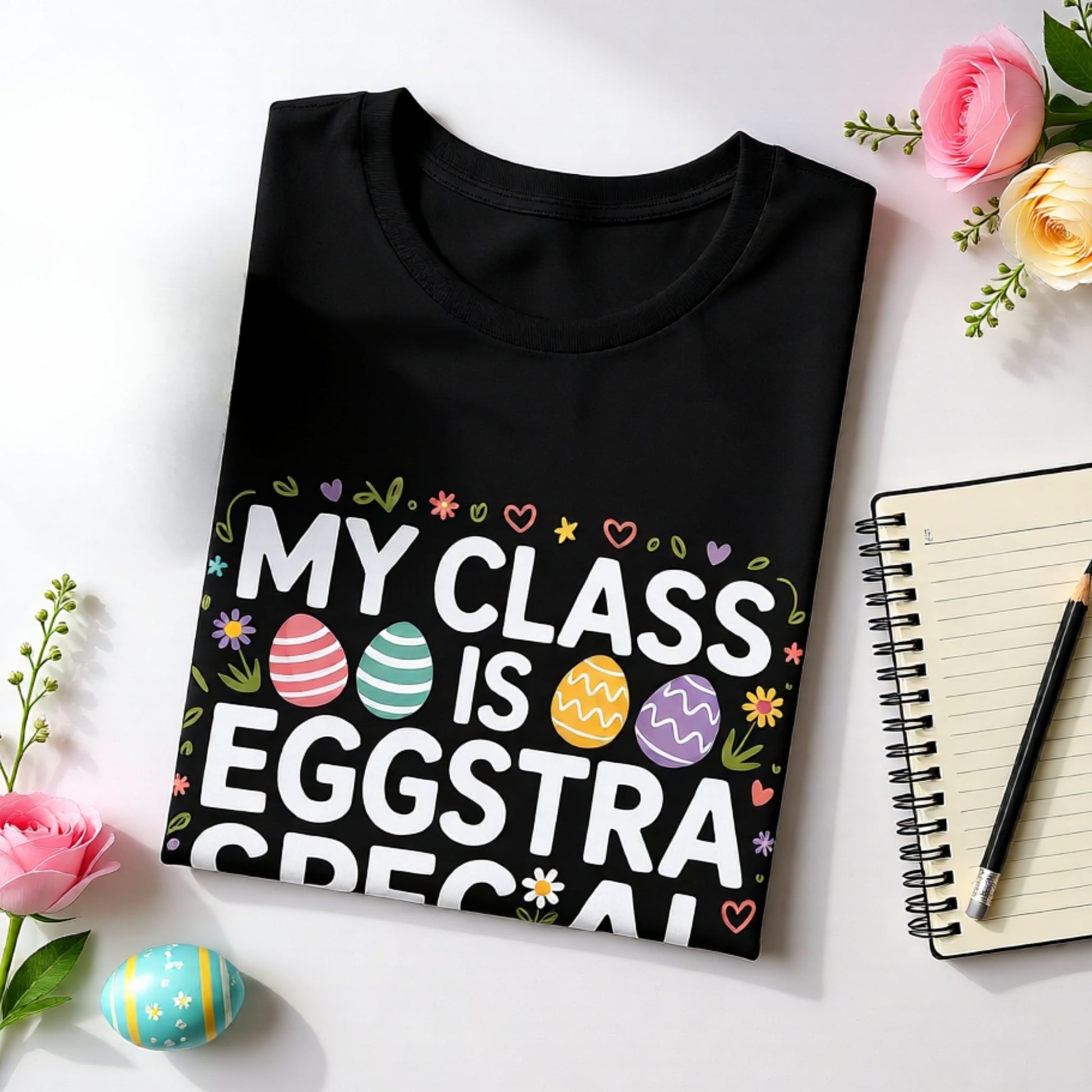 Black t-shirt with colorful text and Easter eggs design on a white surface with flowers and a notebook.
