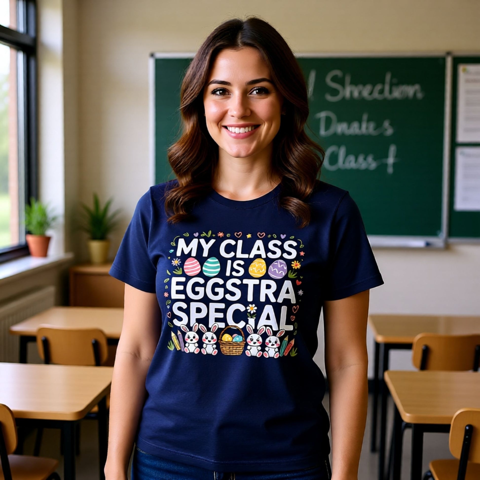 Woman wearing a navy blue t-shirt with Easter-themed design in a classroom setting