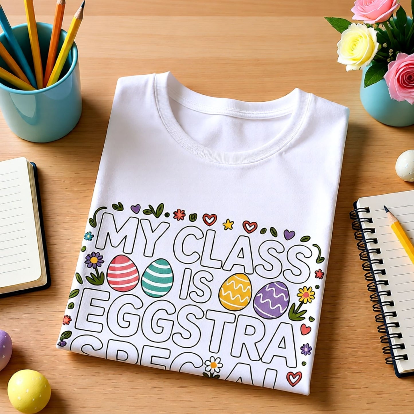 White t-shirt with colorful text design on a wooden table with stationery items.