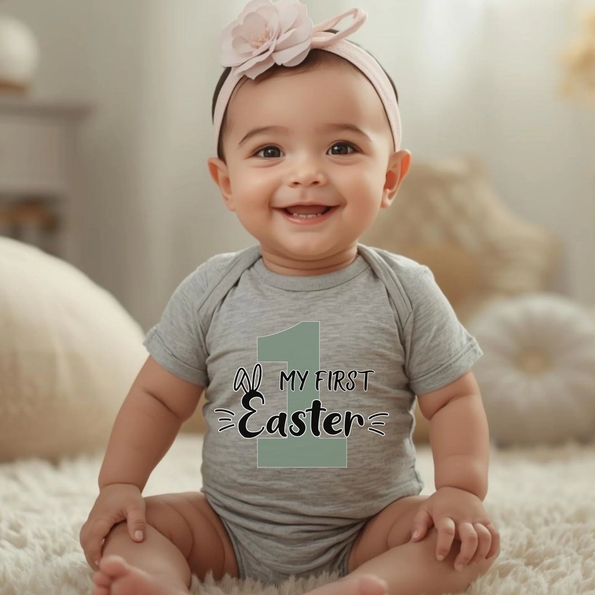 grey infant onesie with “My First Easter” design, soft and comfortable for baby’s first Easter celebration.
