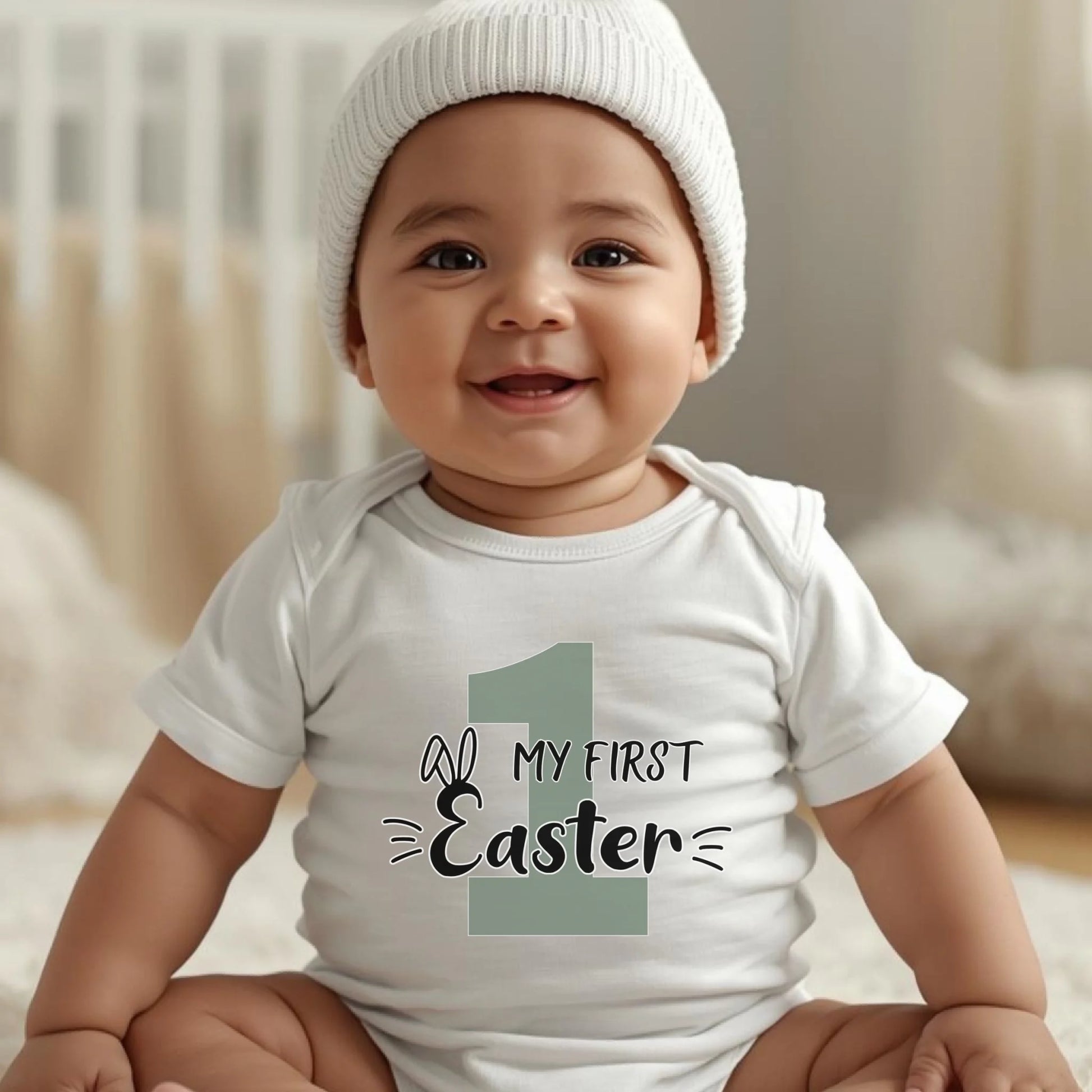 White infant onesie with “My First Easter” design, soft and comfortable for baby’s first Easter celebration.