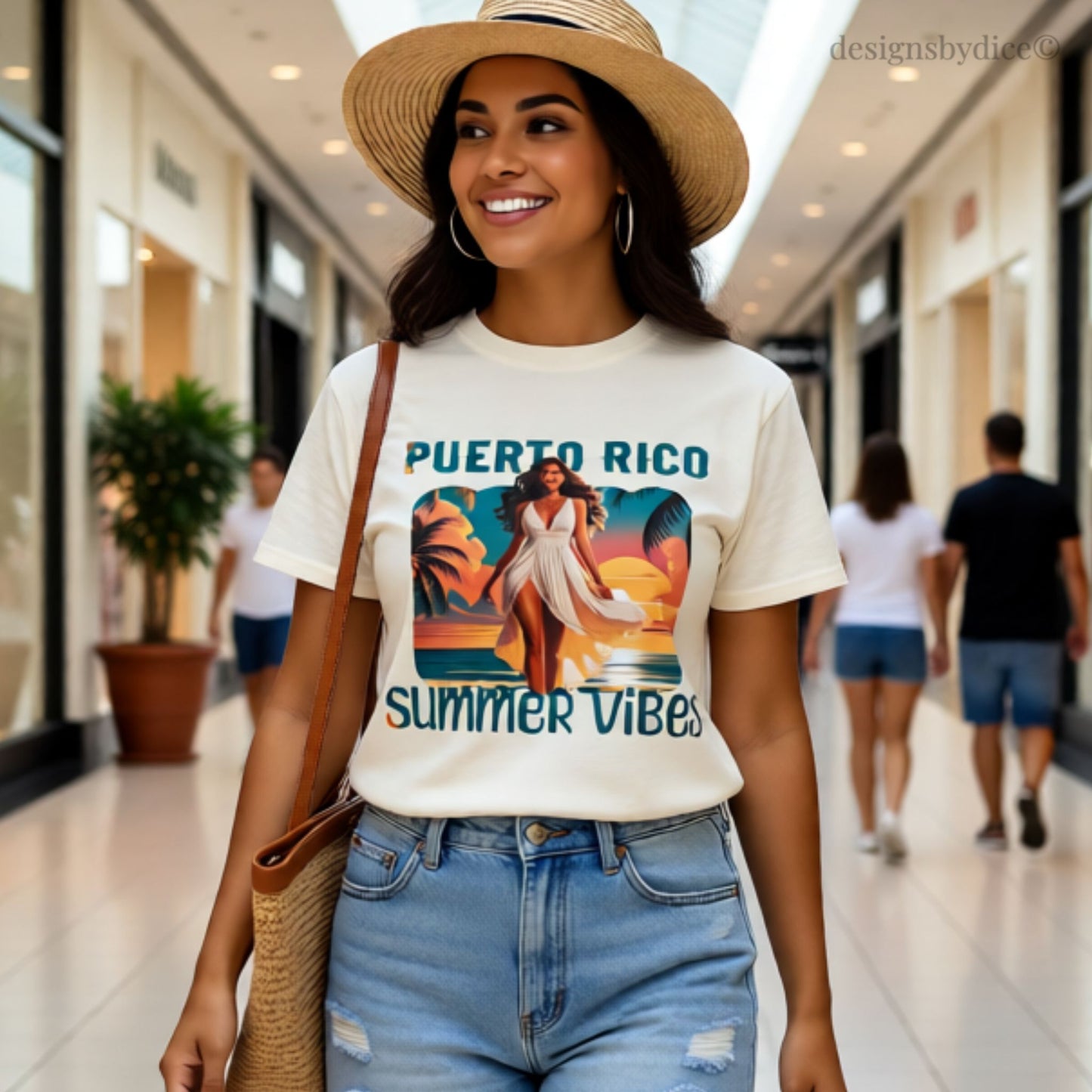 Woman wearing a 'Puerto Rico Summer Vibes' t-shirt in a shopping mall.