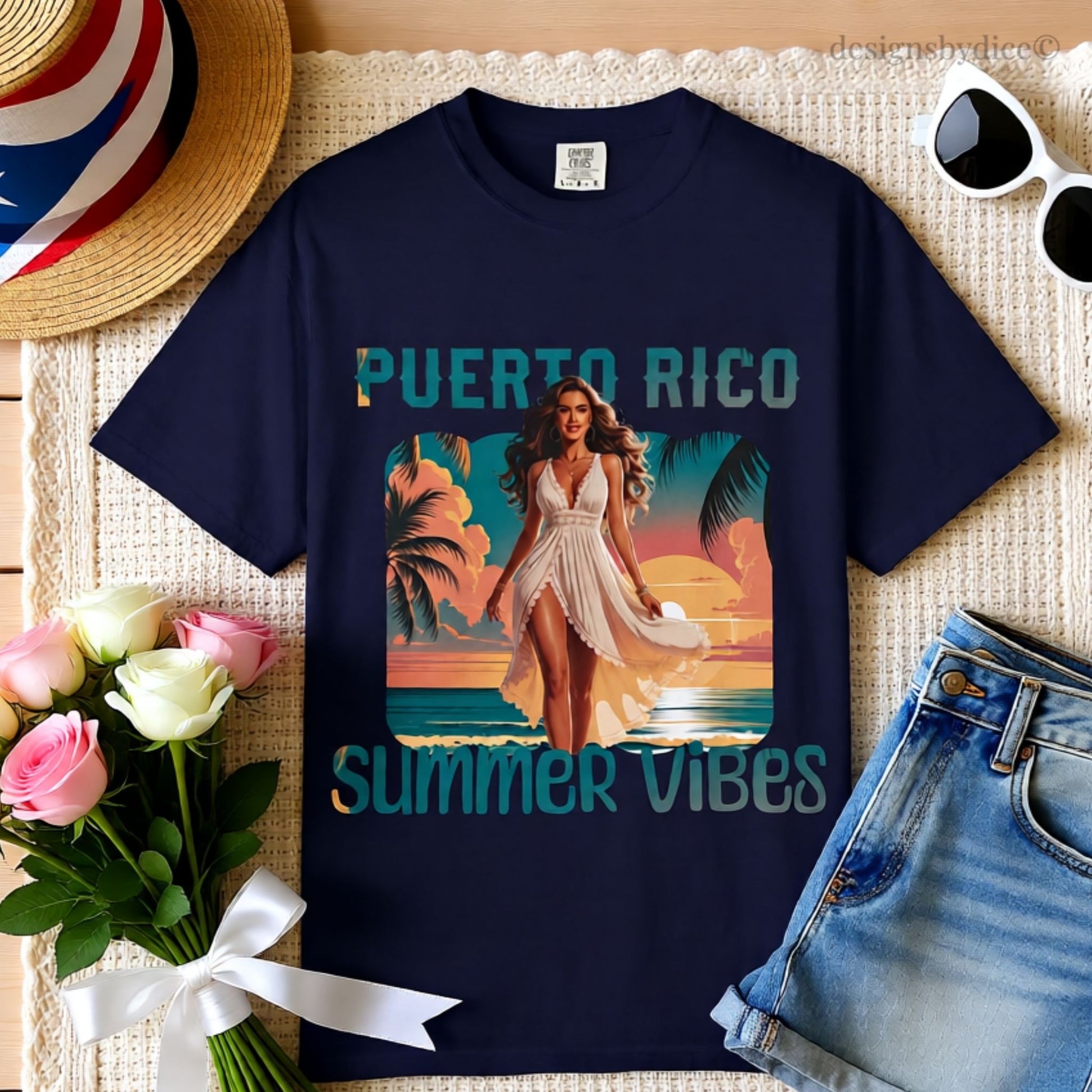 Navy blue t-shirt with 'Puerto Rico Summer Vibes' design featuring a woman on a beach.