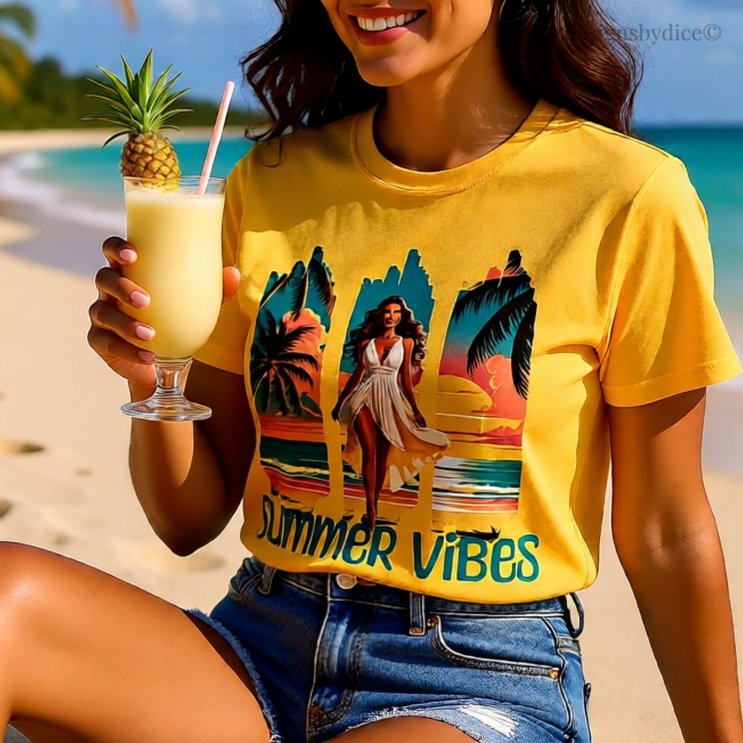 Woman in a yellow 'Summer Vibes' t-shirt holding a tropical drink on a beach.