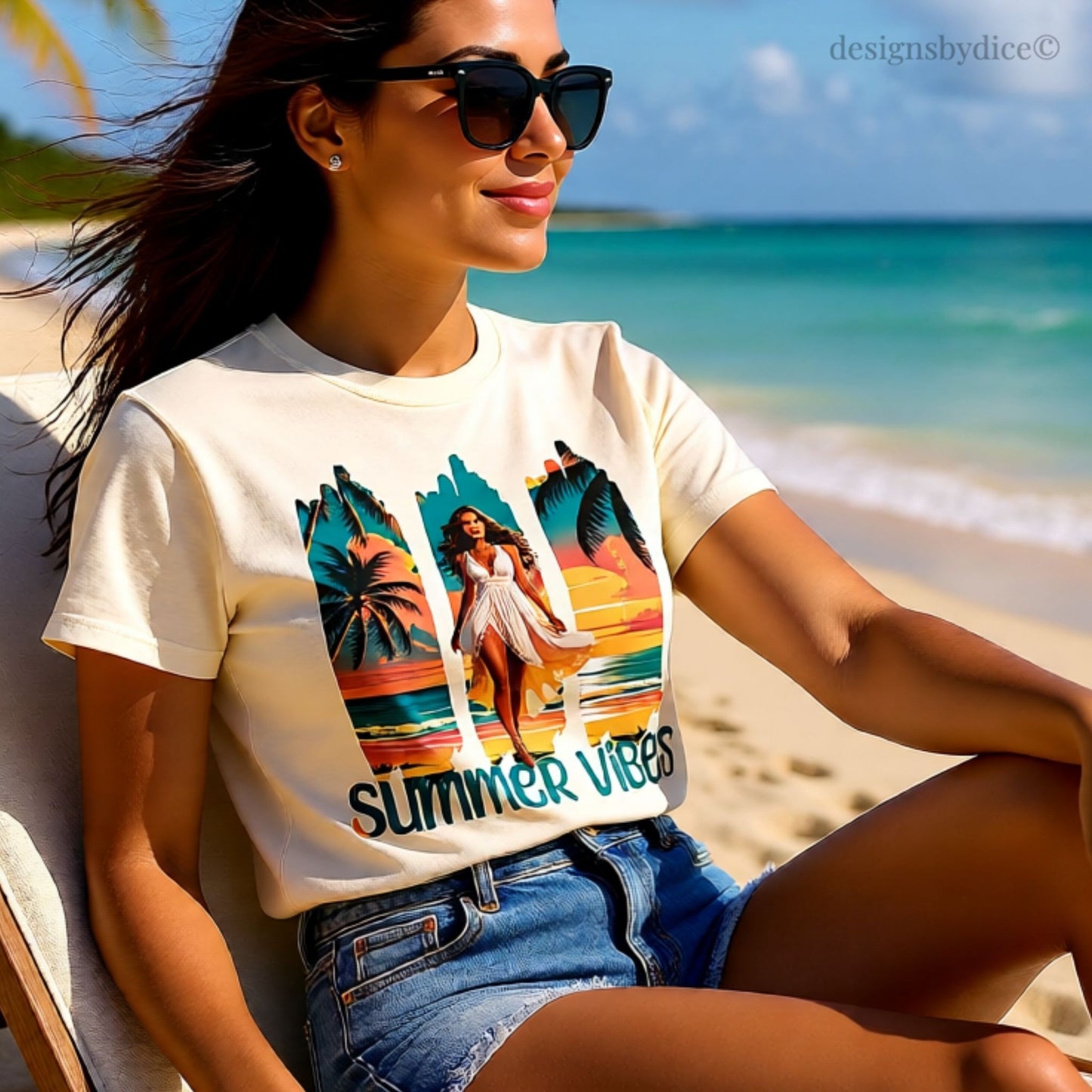 Woman wearing a 'Summer Vibes' t-shirt on a beach