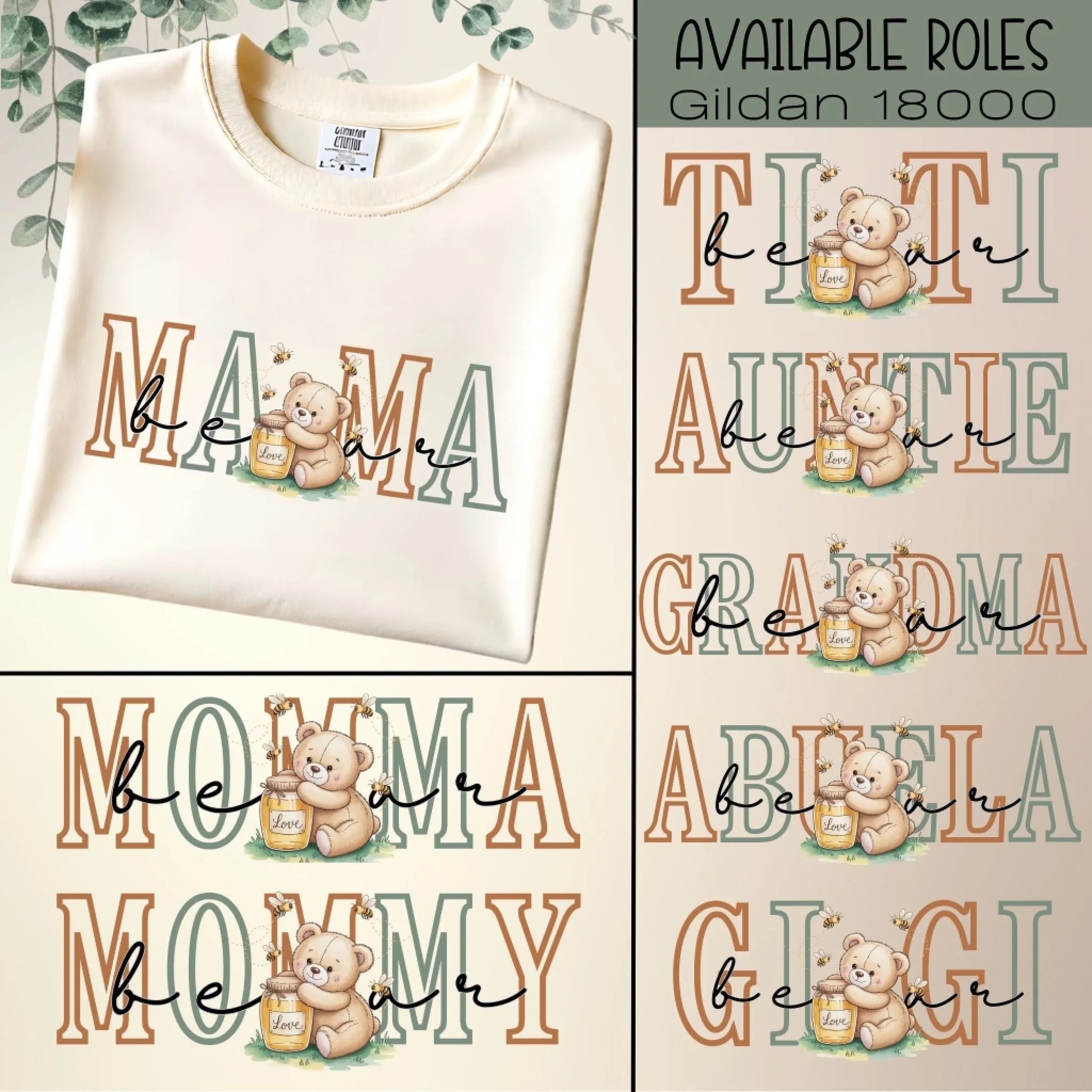 Graphic showing available family role designs for the personalized crewneck, including Mama, Mommy, Grandma, Abuela, Gigi, Auntie, and more.