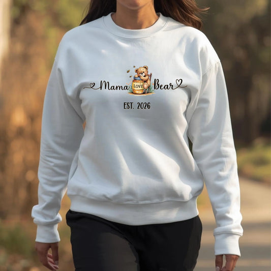 White mama bear crewneck sweatshirt with honey jar bear graphic and customizable EST year.