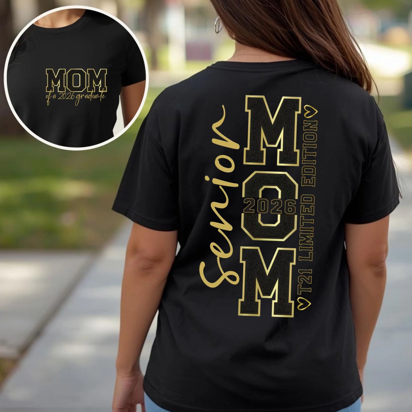 Black Comfort Colors 1717 t-shirt showing Senior Mom 2026 back design with T21 limited edition detail and front MOM of a 2026 graduate chenille style lettering