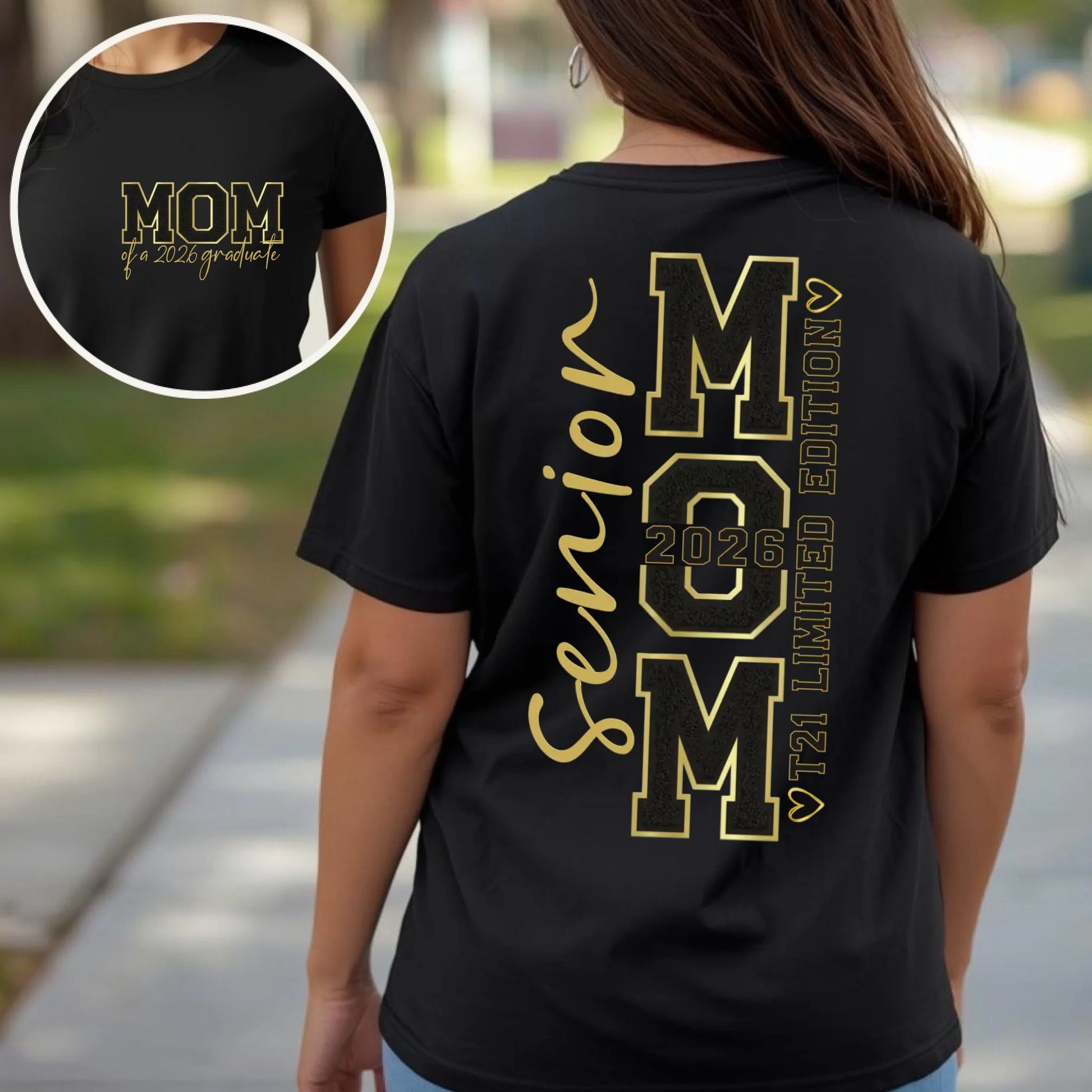 Black Comfort Colors 1717 t-shirt showing Senior Mom 2026 back design with T21 limited edition detail and front MOM of a 2026 graduate chenille style lettering