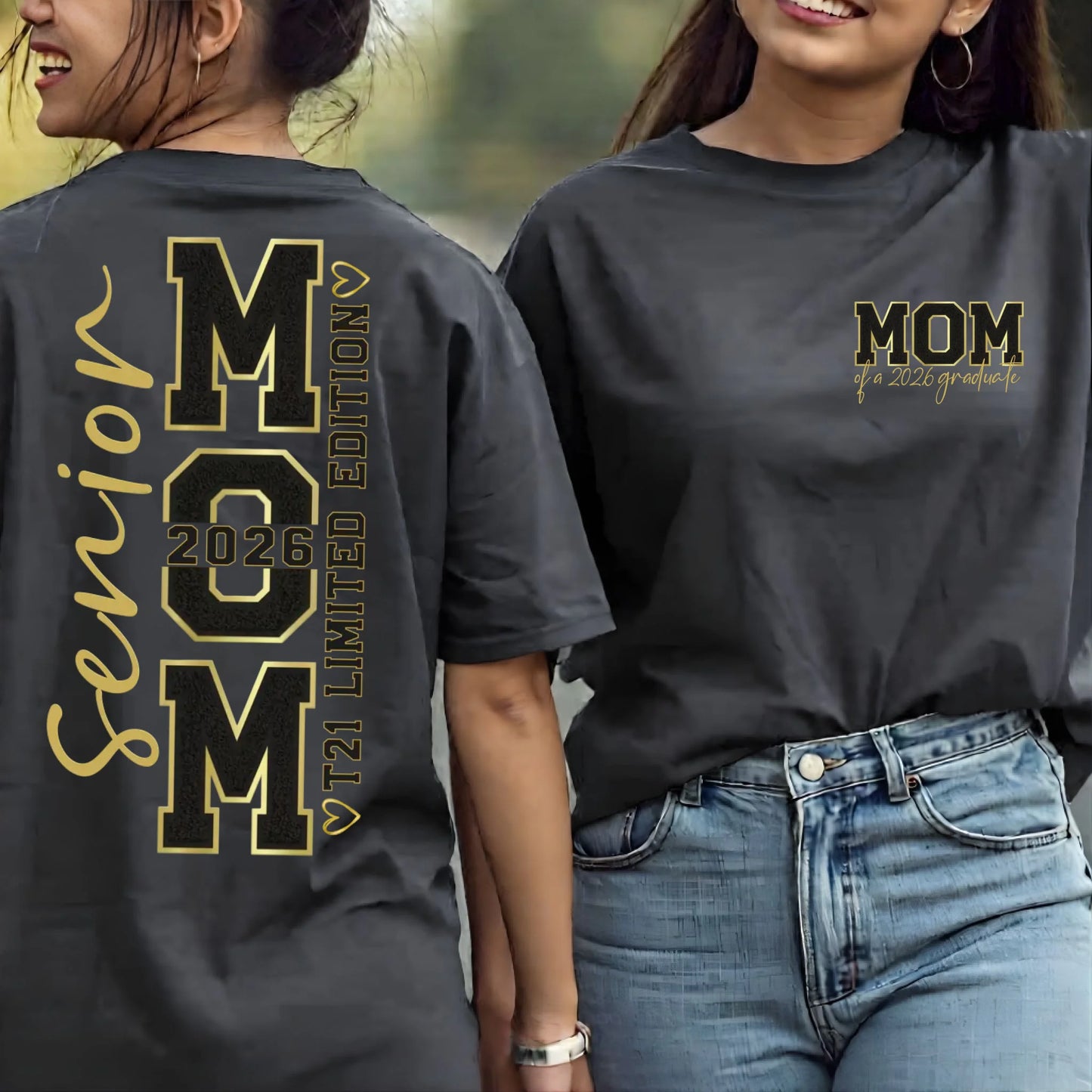 Senior Mom 2026 shirts in black and grey showing front MOM of a 2026 graduate design and back senior mom T21 limited edition print