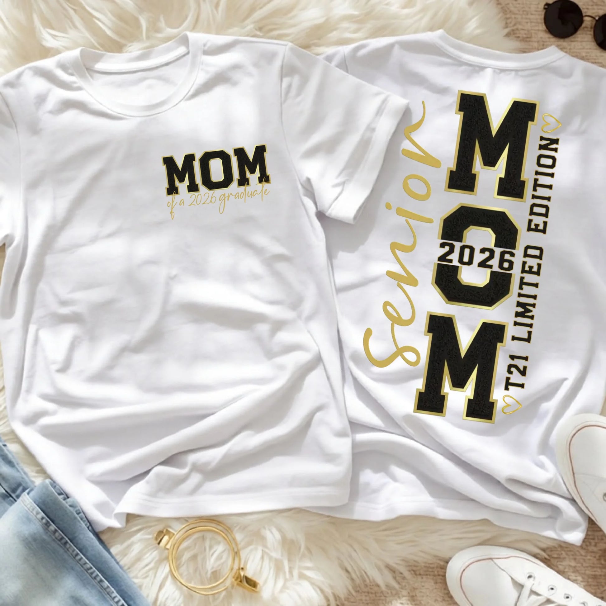 White Comfort Colors graduation mom shirt showing front MOM chenille style design and back senior mom 2026 T21 limited edition print