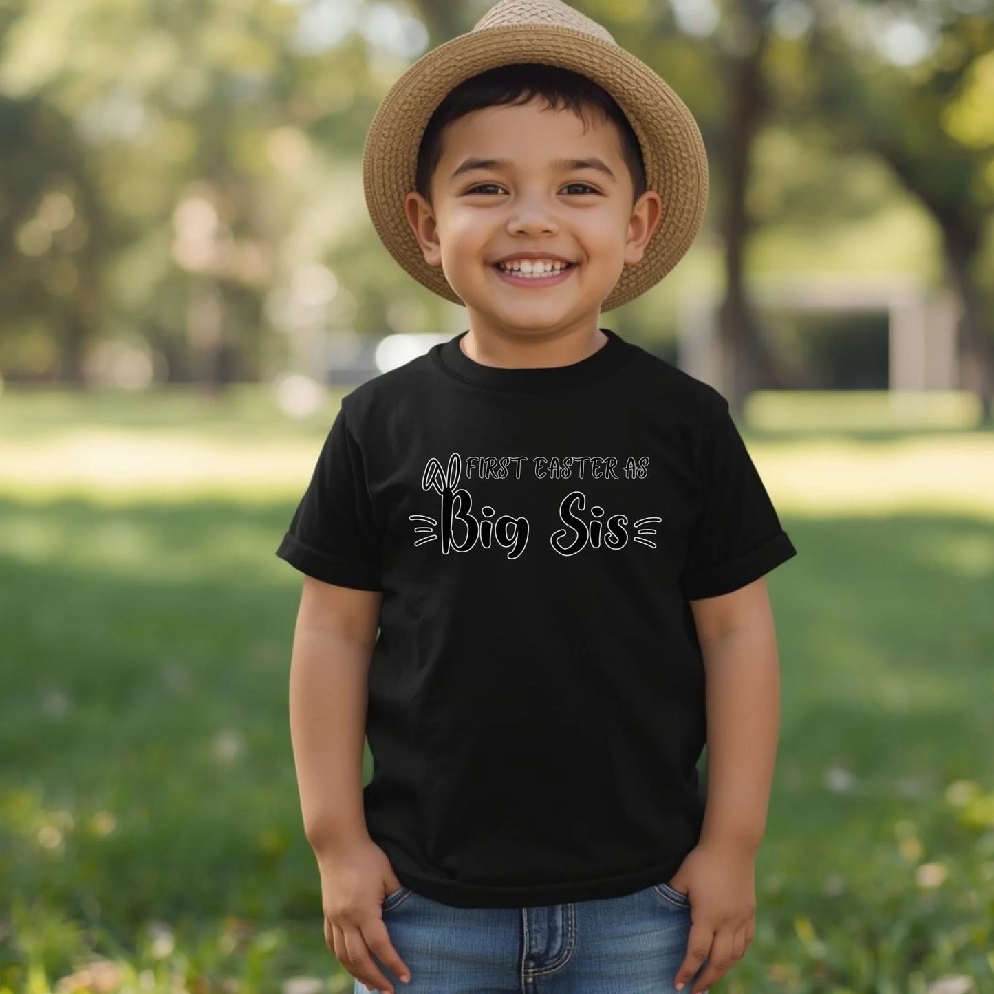 Toddler-size black t-shirt with “First Easter as Big Bro” Easter design, comfortable and photo-ready for Easter celebrations.