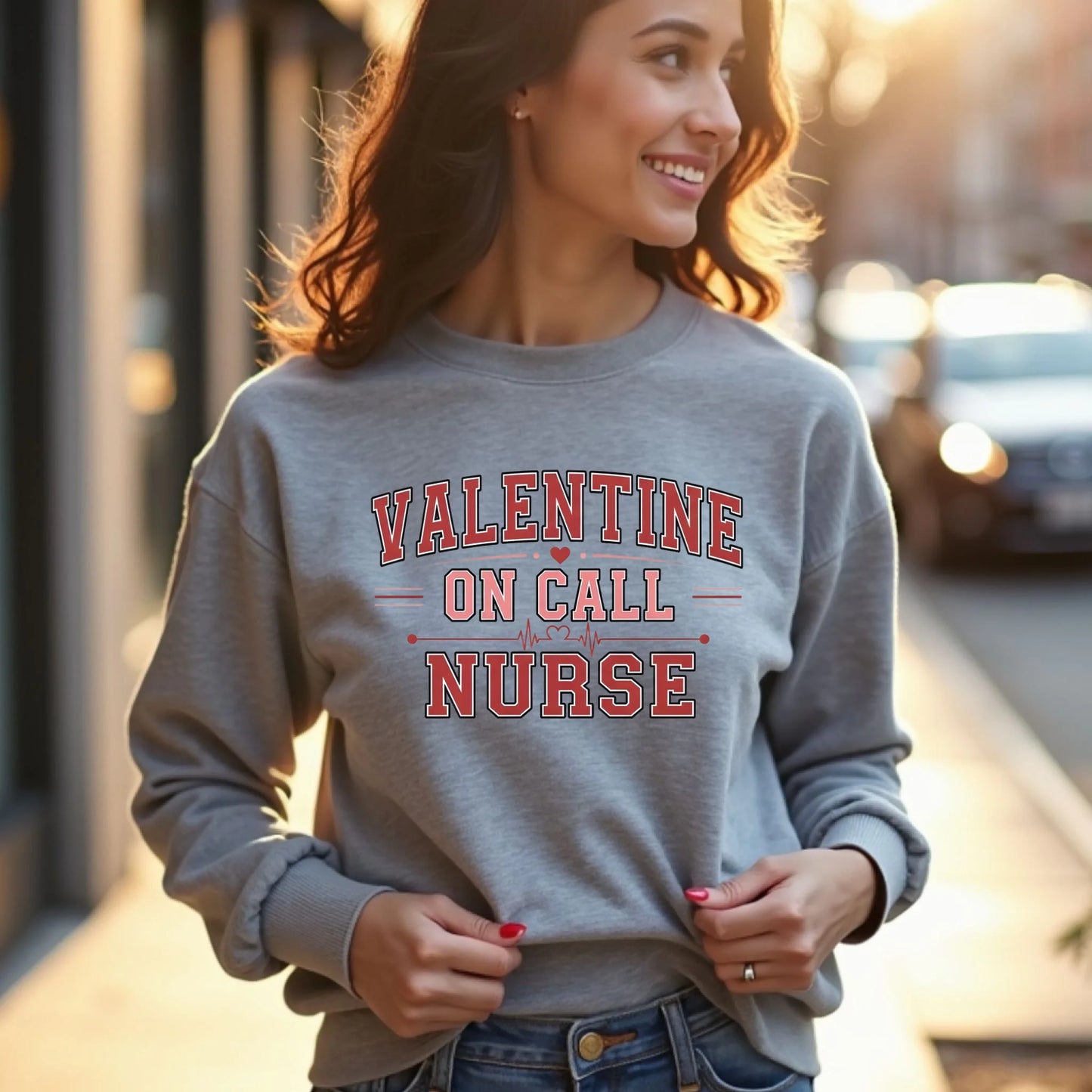 Model wearing a grey Valentine On Call Nurse crewneck sweatshirt in a relaxed outdoor setting, showcasing a comfortable everyday style.