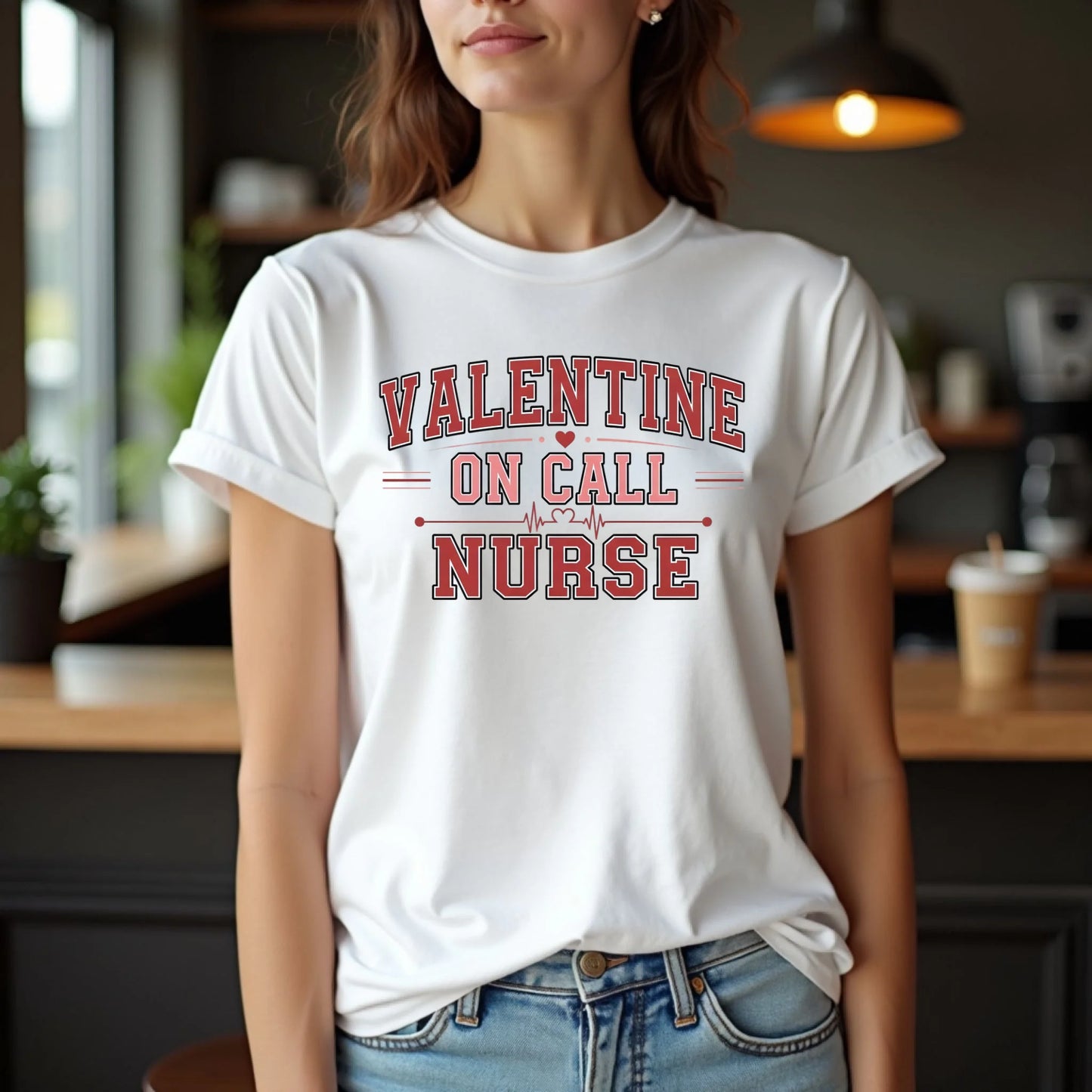 Woman wearing a white Valentine On Call Nurse t-shirt in a natural outdoor setting, showcasing a clean, comfortable unisex fit.