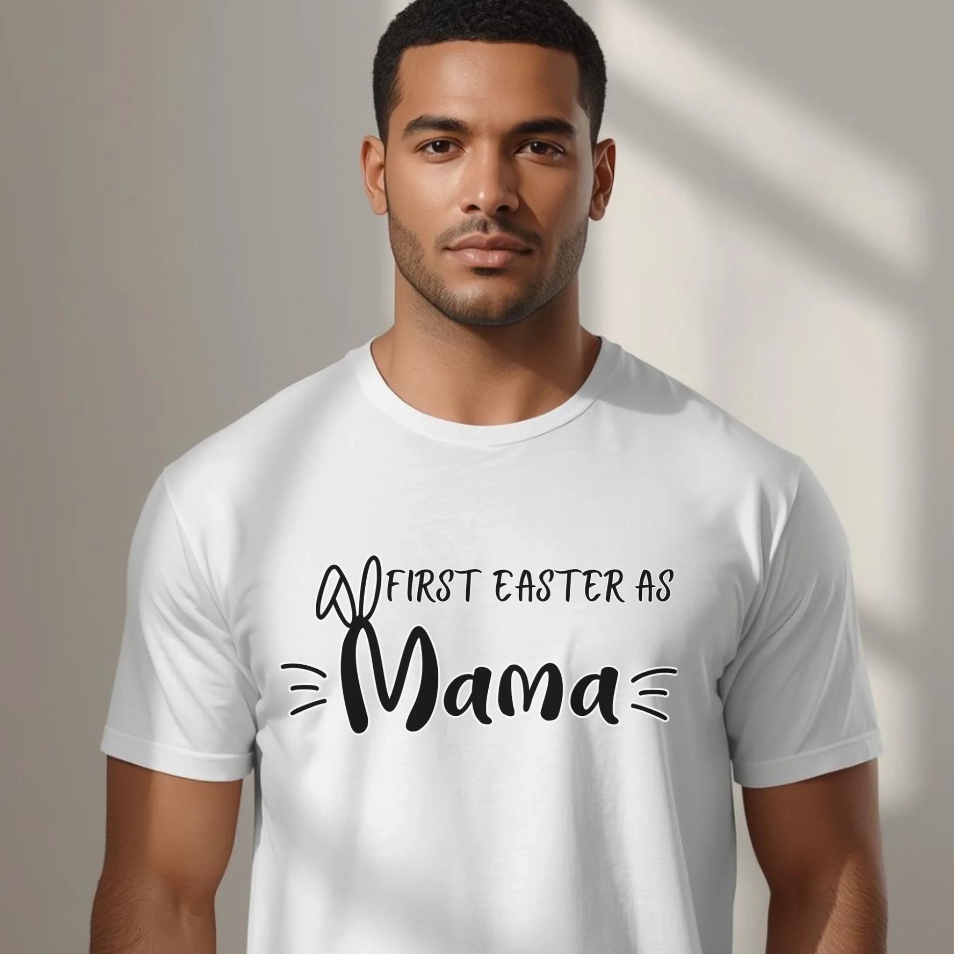 White Bella Canvas unisex t-shirt with “First Easter as Papa” Easter design, shown on an adult model with clean, neutral styling.
