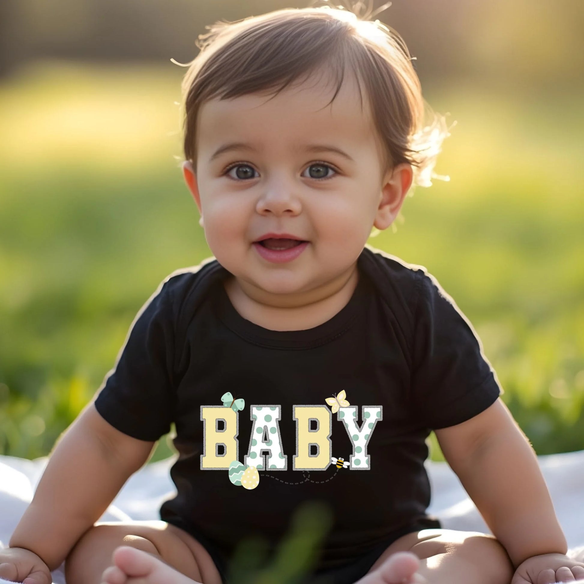 Baby wearing a black “Baby” Easter t-shirt from a Mommy and Me matching set, photographed outdoors.