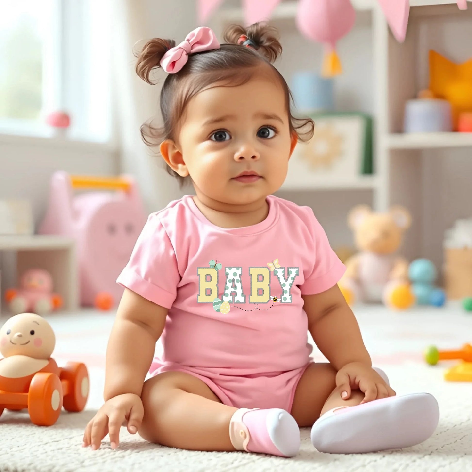 Baby wearing a pink “Baby” Easter t-shirt from a Mommy and Me matching set, sitting indoors in a cozy lifestyle photo.