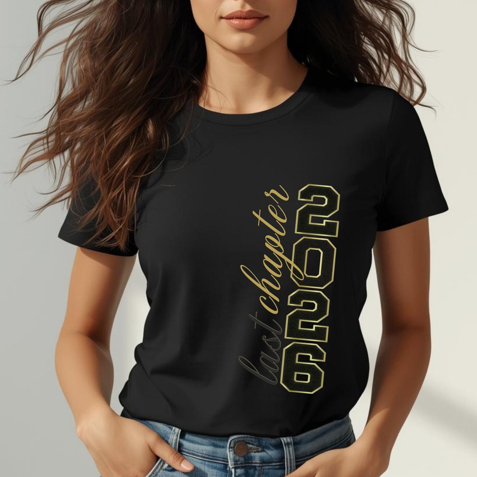 Person wearing a black t-shirt with 'last chapter 2026' text in gold on a plain background