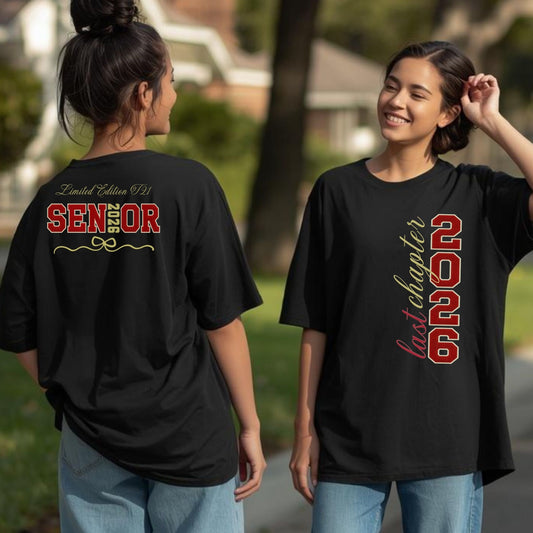 Two people wearing black t-shirts with 'Senior 2026' text, one facing away showing the back design.
