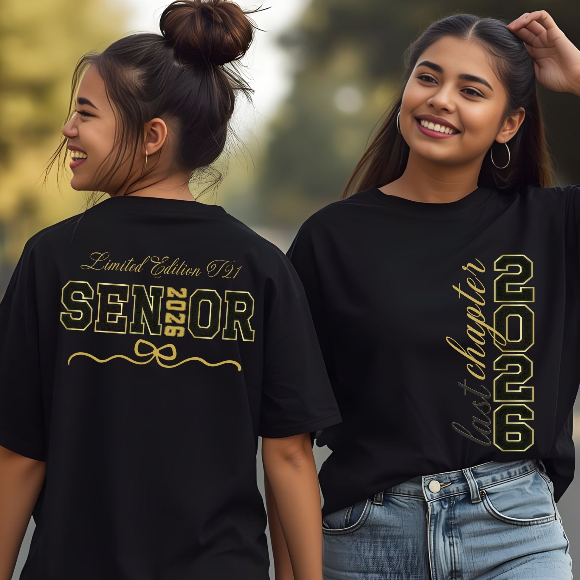 Two people wearing black t-shirts with 'Senior 2023' text, one facing forward and one facing backward.