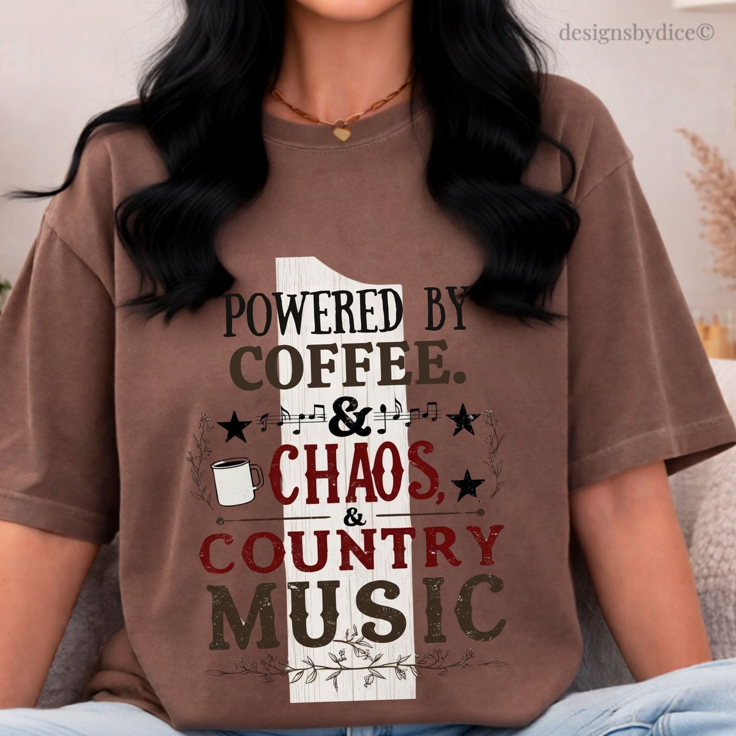 Powered By Coffee Chaos & Country Music Shirt | Country Music Graphic Tee