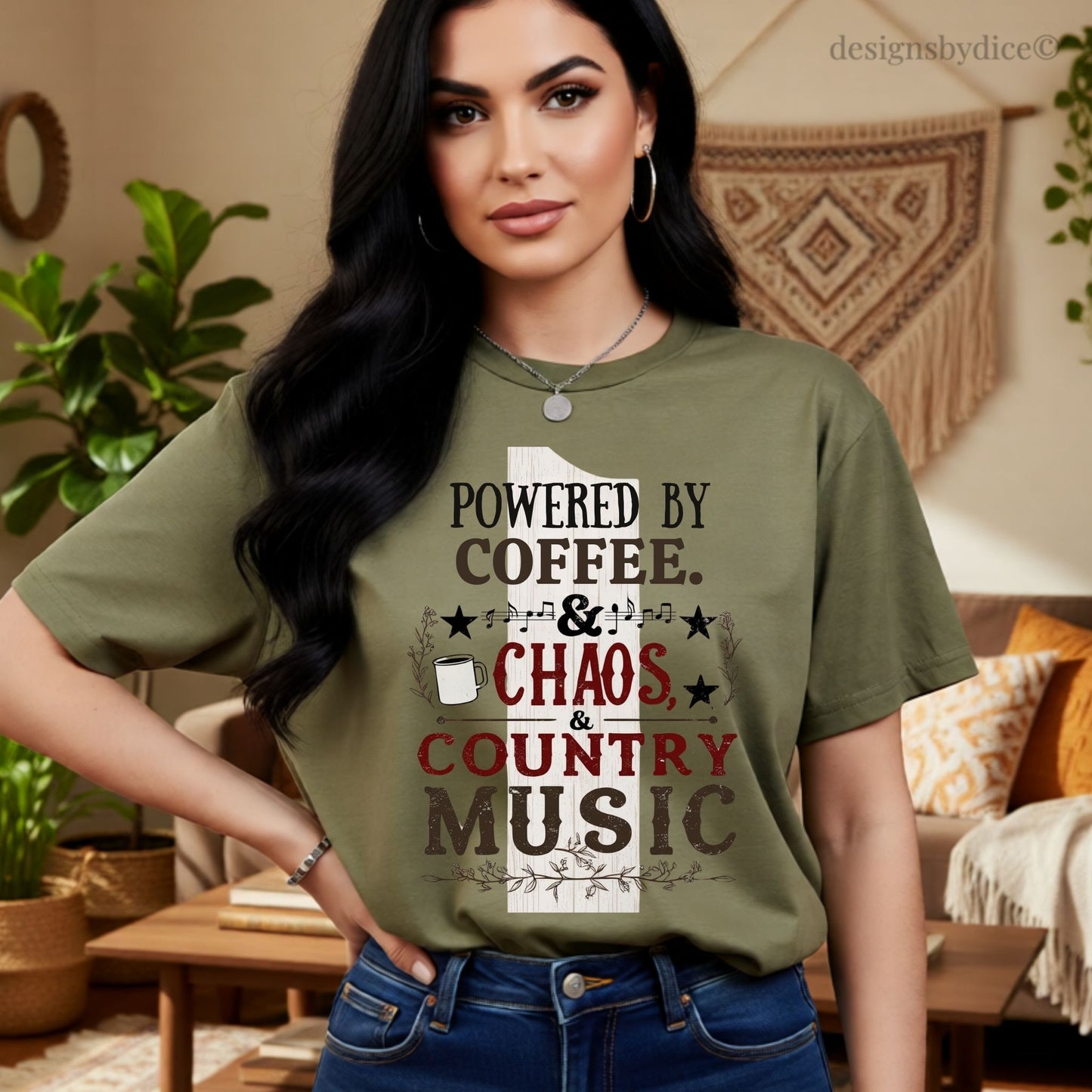 Powered By Coffee Chaos & Country Music Shirt | Country Music Graphic Tee