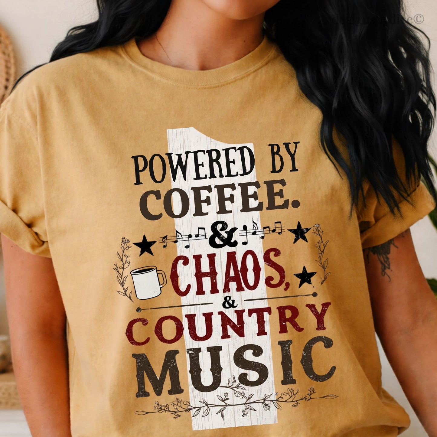 Powered By Coffee Chaos & Country Music Shirt | Country Music Graphic Tee