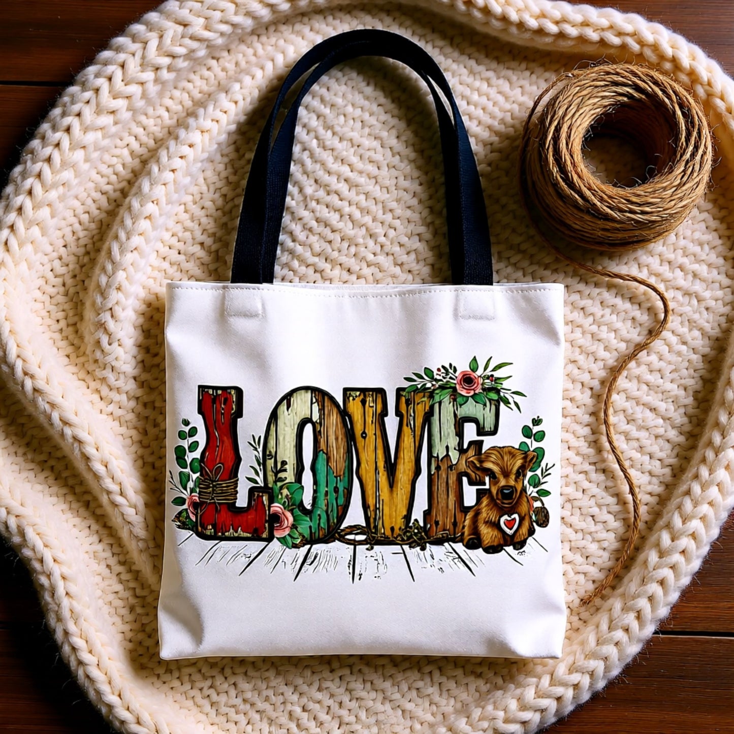 Tote bag with 'LOVE' design on a textured surface