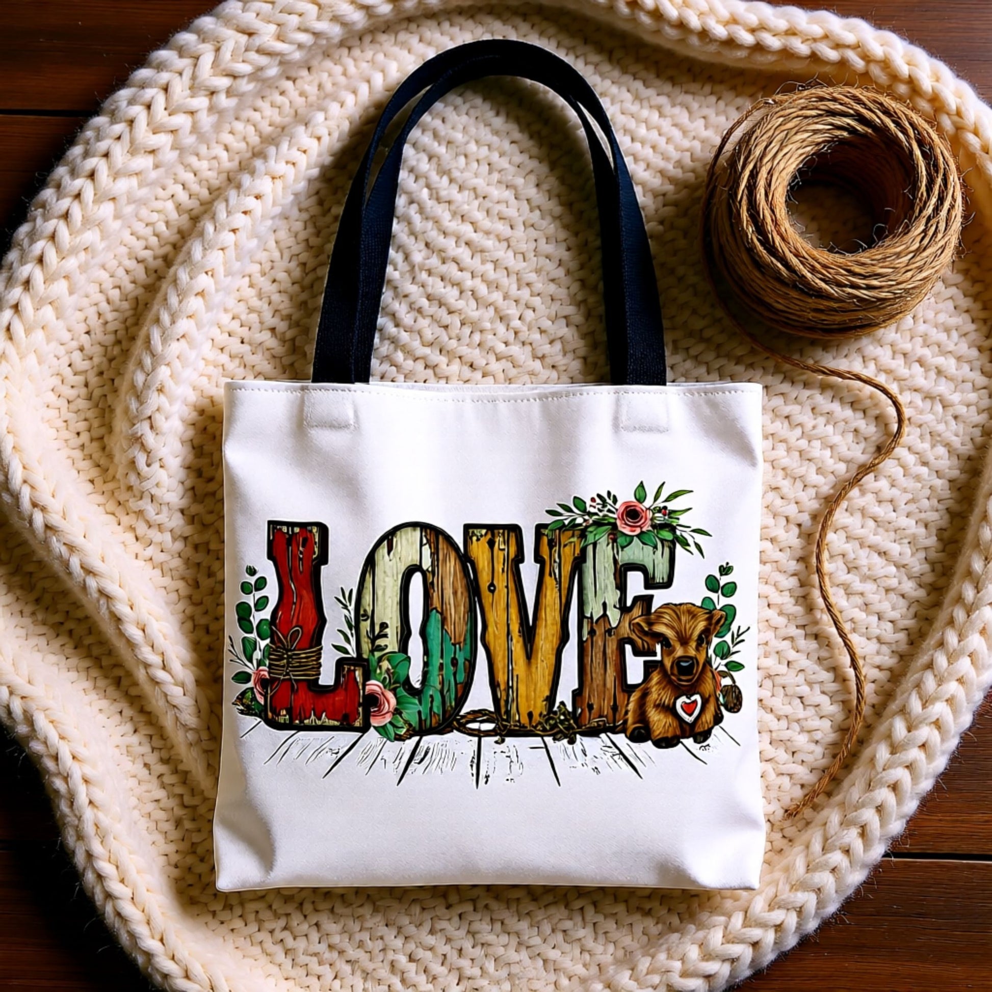 Tote bag with 'LOVE' design on a textured surface