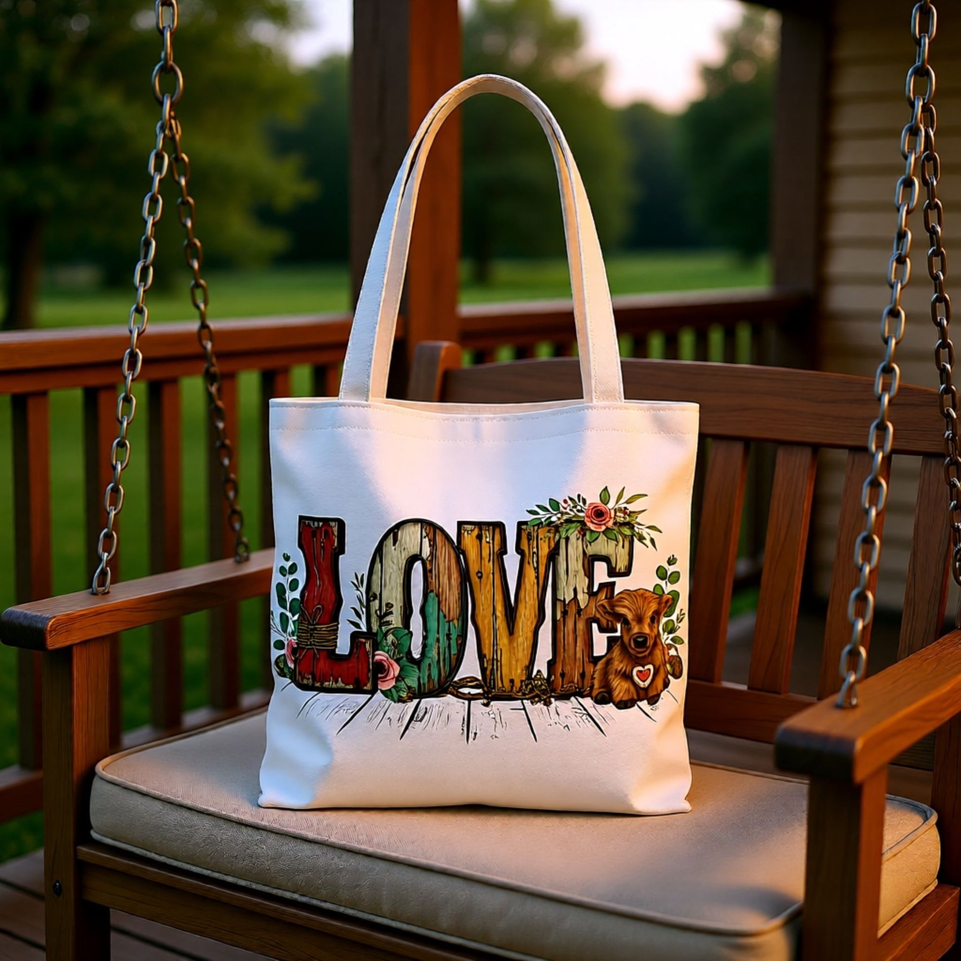 Tote bag with 'LOVE' design on a wooden swing