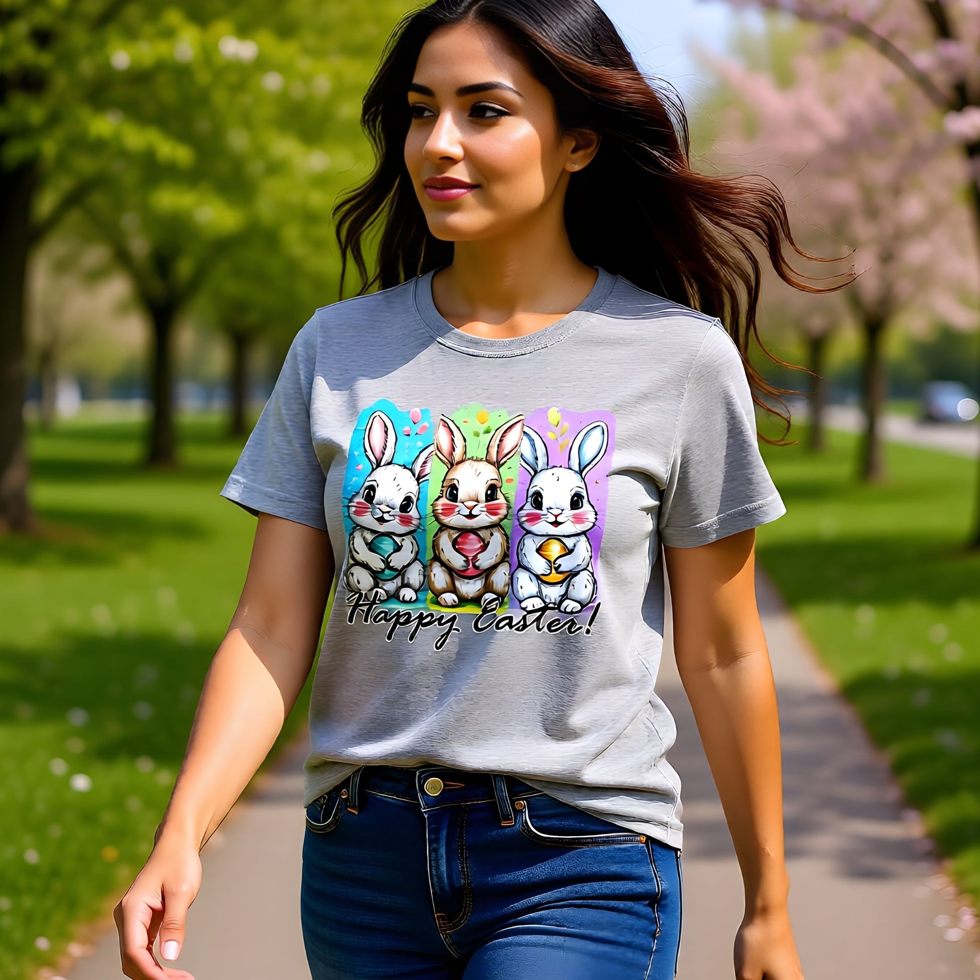 Model wearing a heather gray Bella Canvas Easter t-shirt with a three-panel bunny illustration, walking outdoors in a spring park.