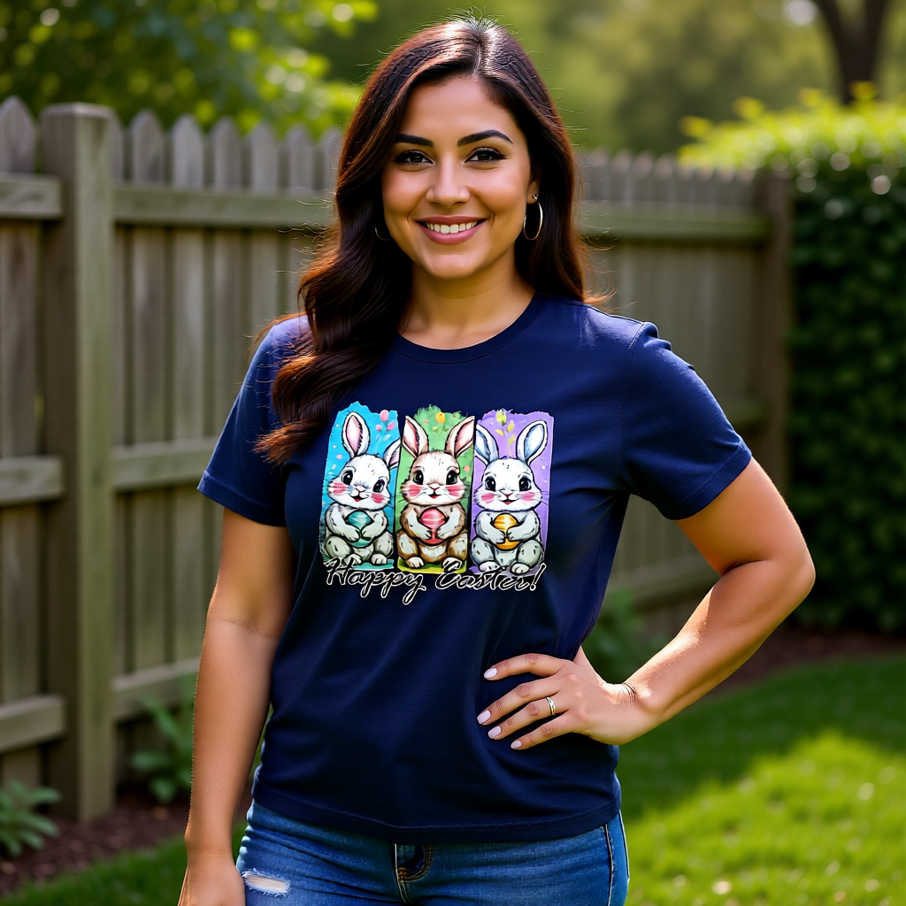 Woman wearing a navy Bella Canvas Easter t-shirt with a three-panel bunny illustration, photographed outdoors in a backyard setting.