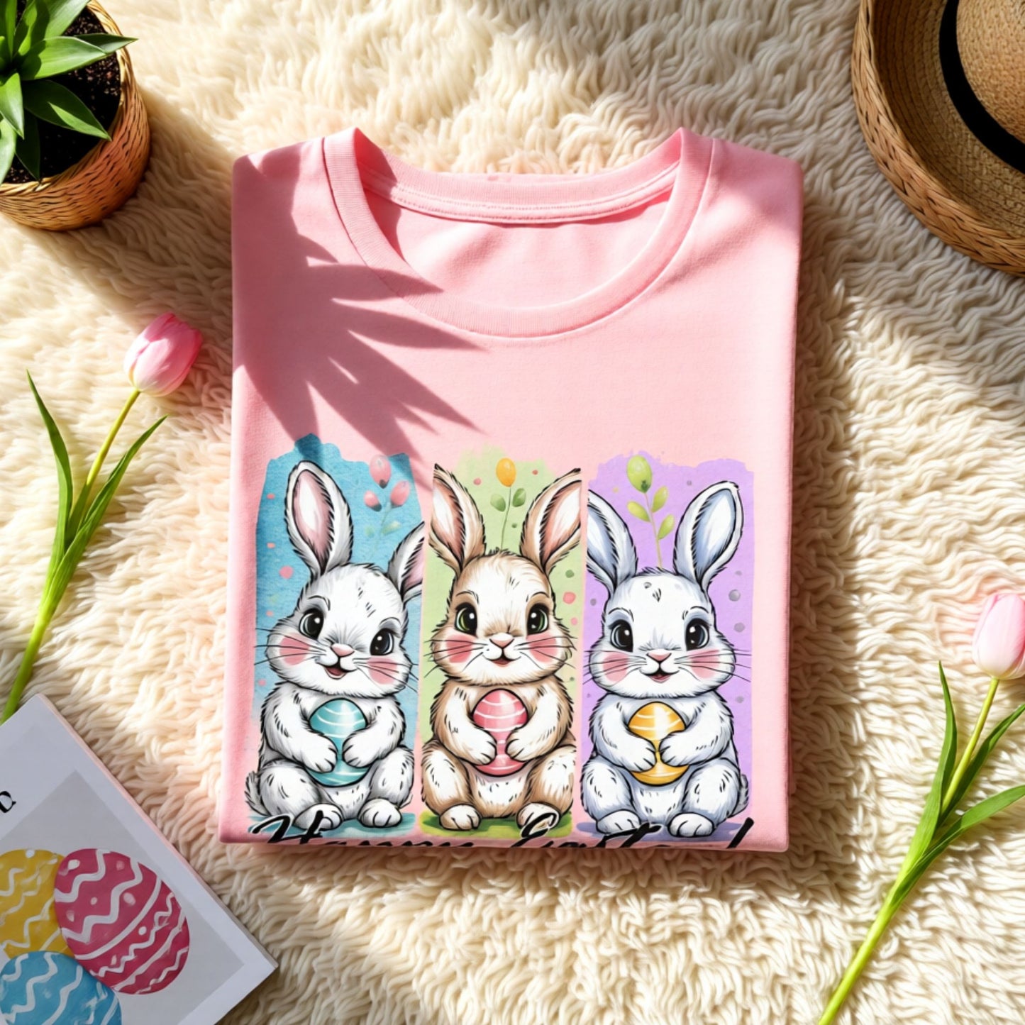 Flat lay of a pink Bella Canvas t-shirt with a three-panel Easter bunny illustration in soft spring colors.