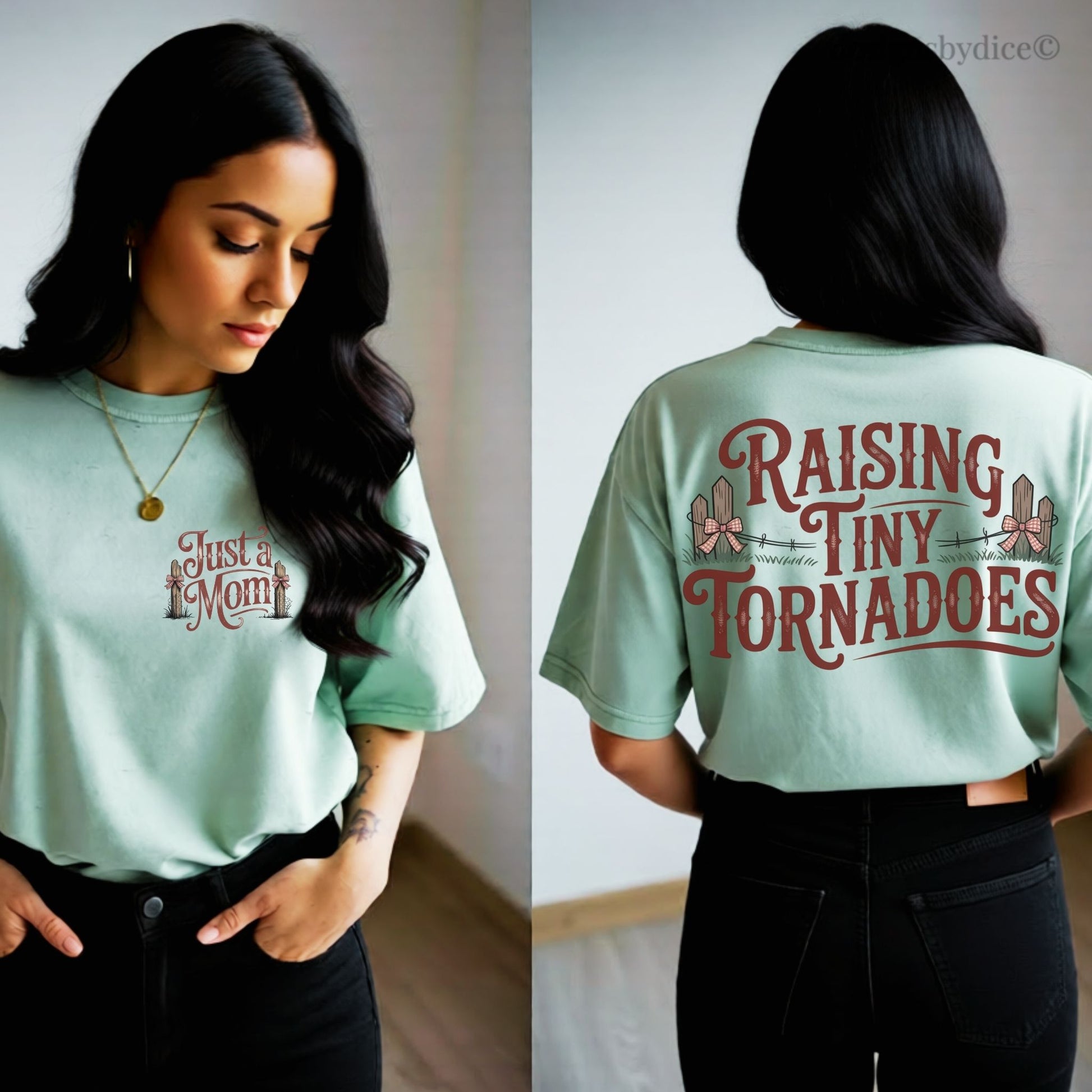 Woman wearing a chalky mint green t-shirt with text on the front and back, standing against a plain background.
