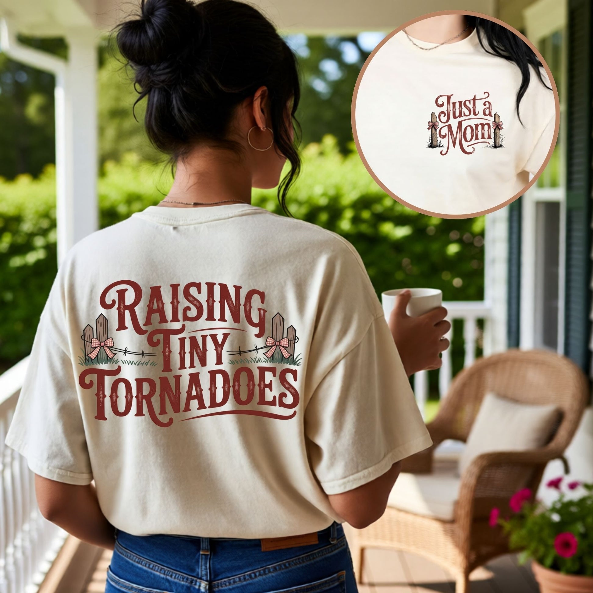 Person wearing a t-shirt with 'Raising Tiny Tornadoes' text, standing on a porch.