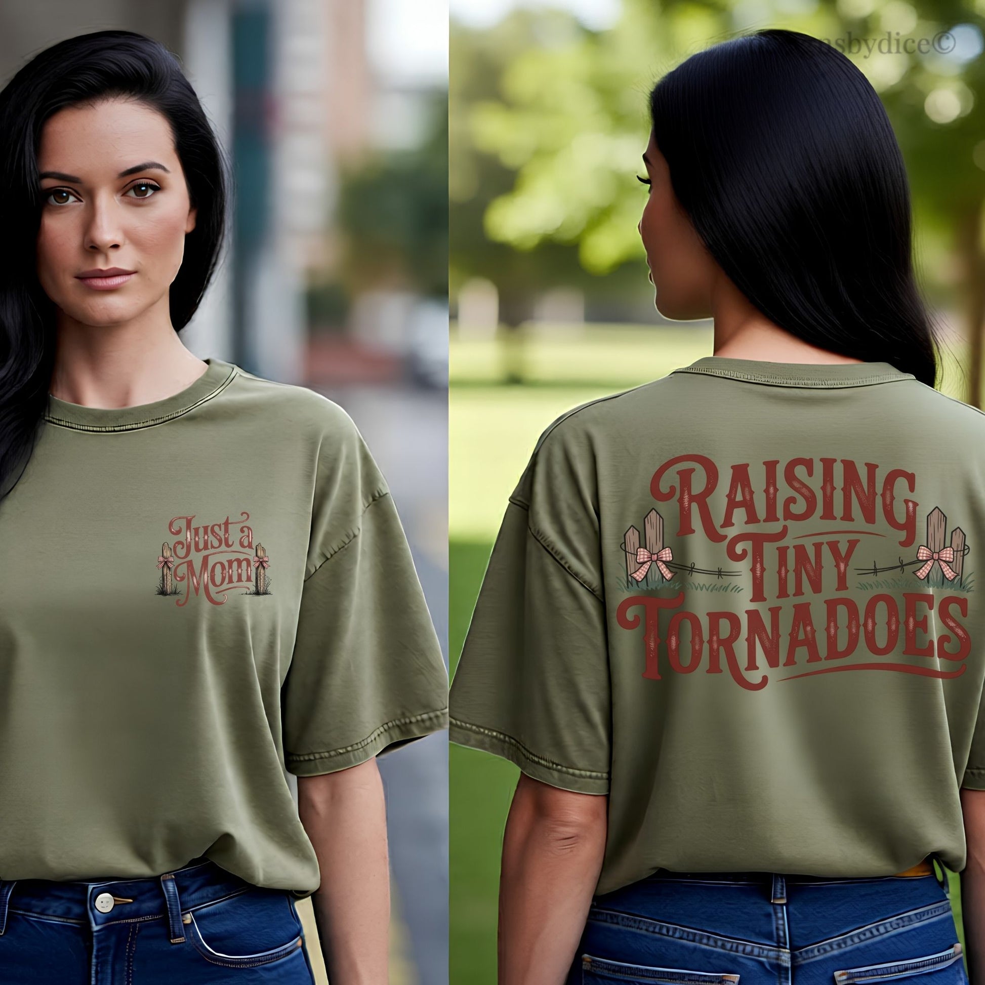 Woman wearing a green t-shirt with text on the front and back, standing outdoors.