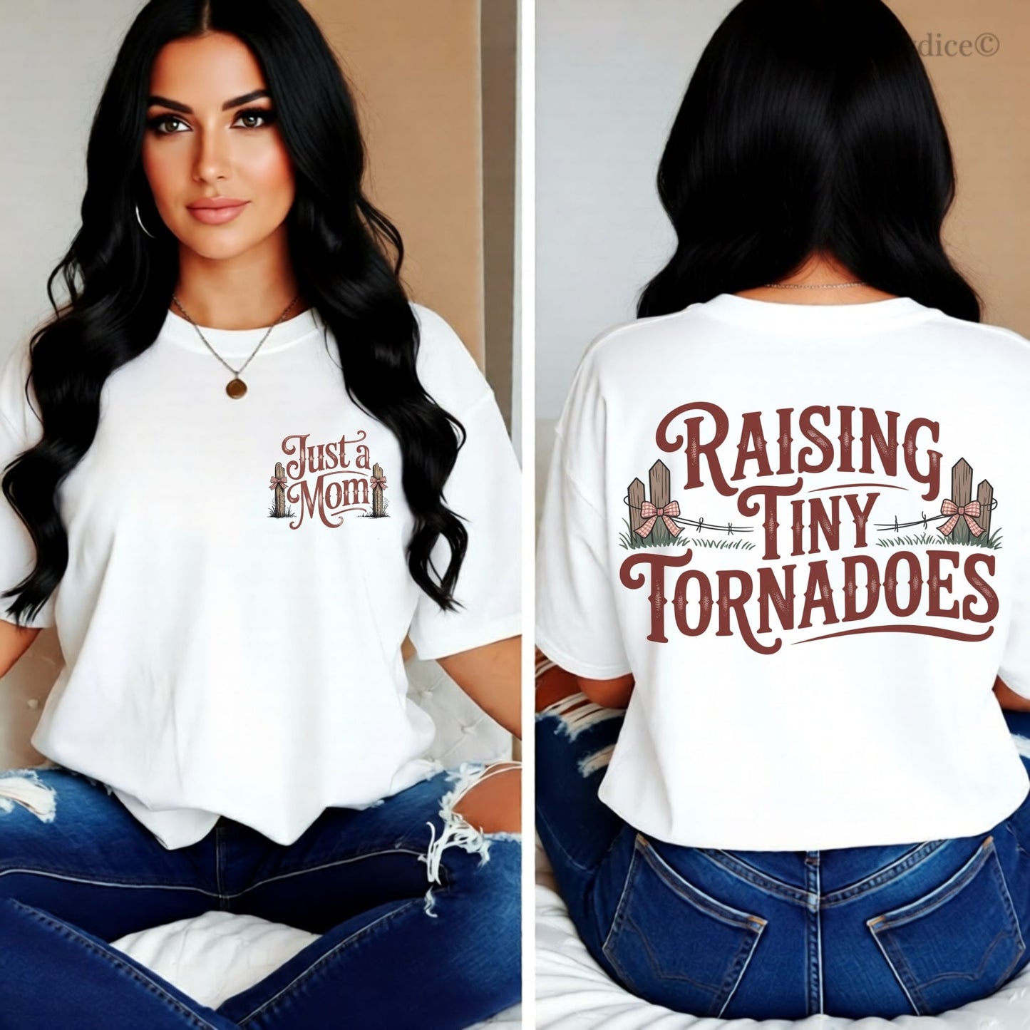 White t-shirt with 'Just a Mom' on front and 'Raising Tiny Tornadoes' on back, worn by a person.