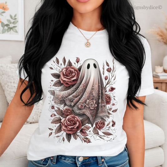 Person wearing a white t-shirt with a ghost and floral design.