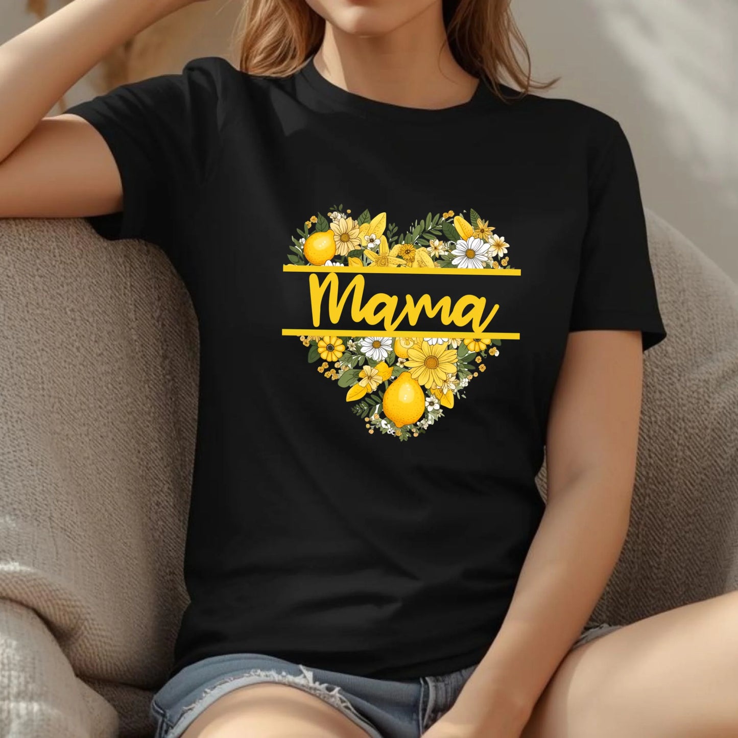 Casual lifestyle photo of a black lemon floral mama shirt with bright yellow floral details, ideal for Mother’s Day gifts.