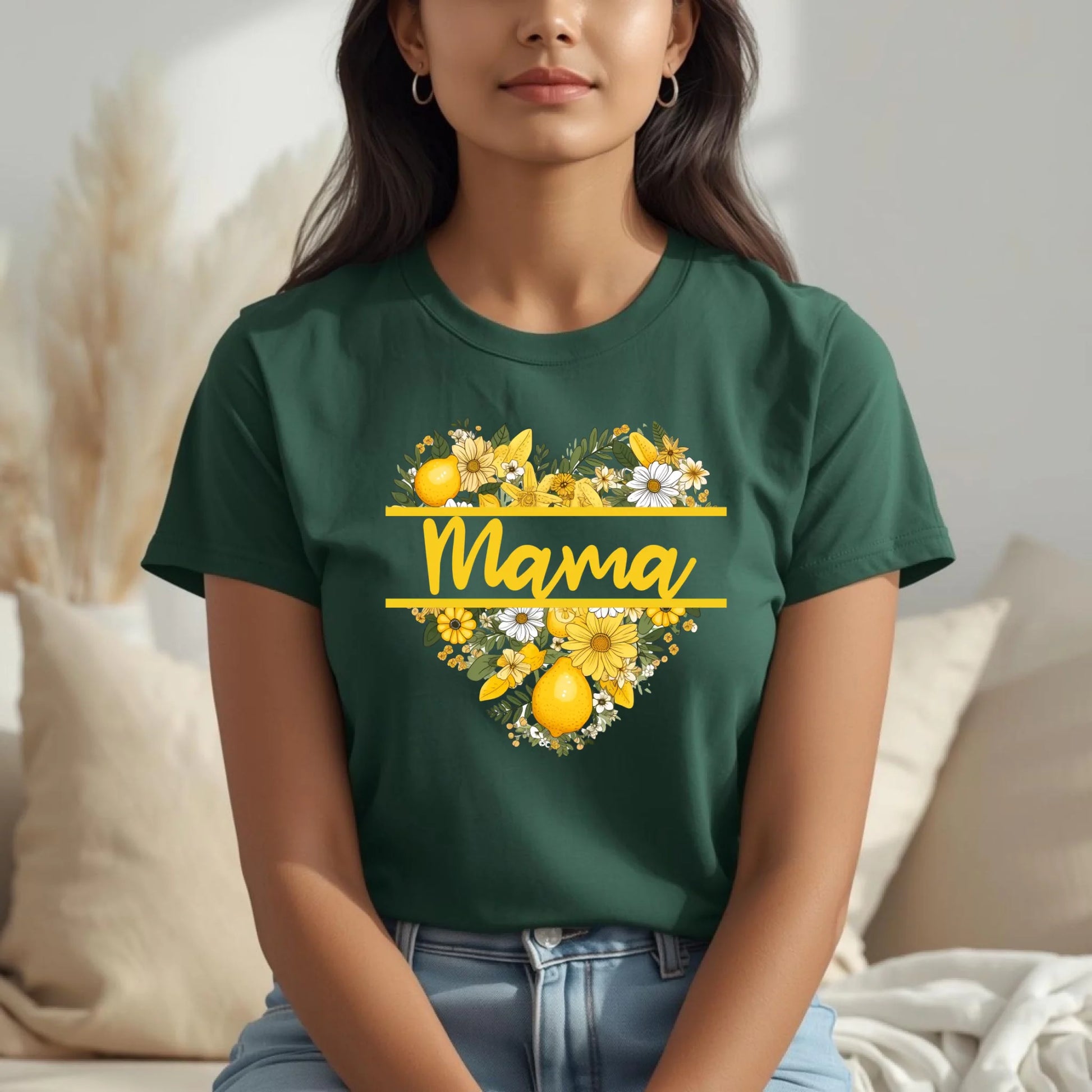 Front view of lemon floral mama shirt in dark green, featuring a bright yellow floral heart design and handwritten mama text.