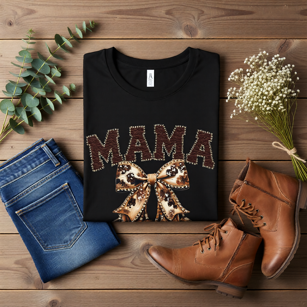 Flat lay of a black Bella Canvas tshirt mama cowhide bow shirt styled with denim jeans and boots on a rustic wooden background, featuring faux leather stitched mama lettering and a western bow graphic.