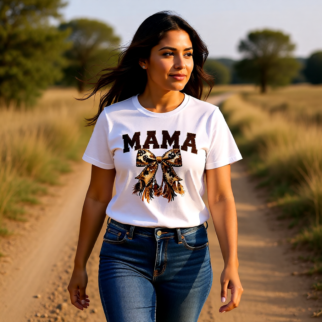 Model wearing a white Bella Canvas mama cowhide bow shirt while walking outdoors on a natural path, showcasing a western-inspired mama graphic tee with faux leather stitched lettering and rustic bow design.