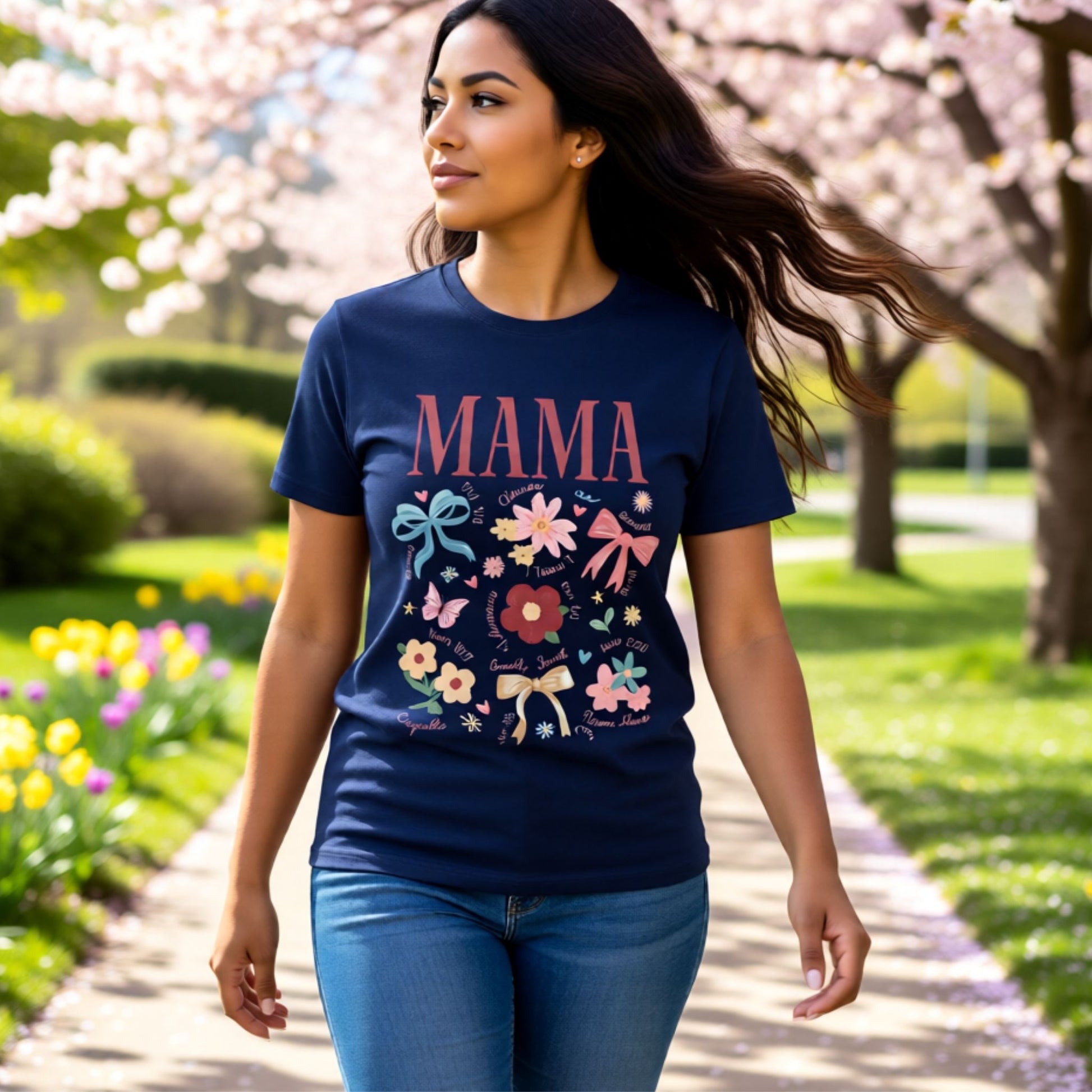 Model wearing a navy Mama floral Mother’s Day t-shirt with colorful flowers and encouraging words, ideal for everyday wear.
